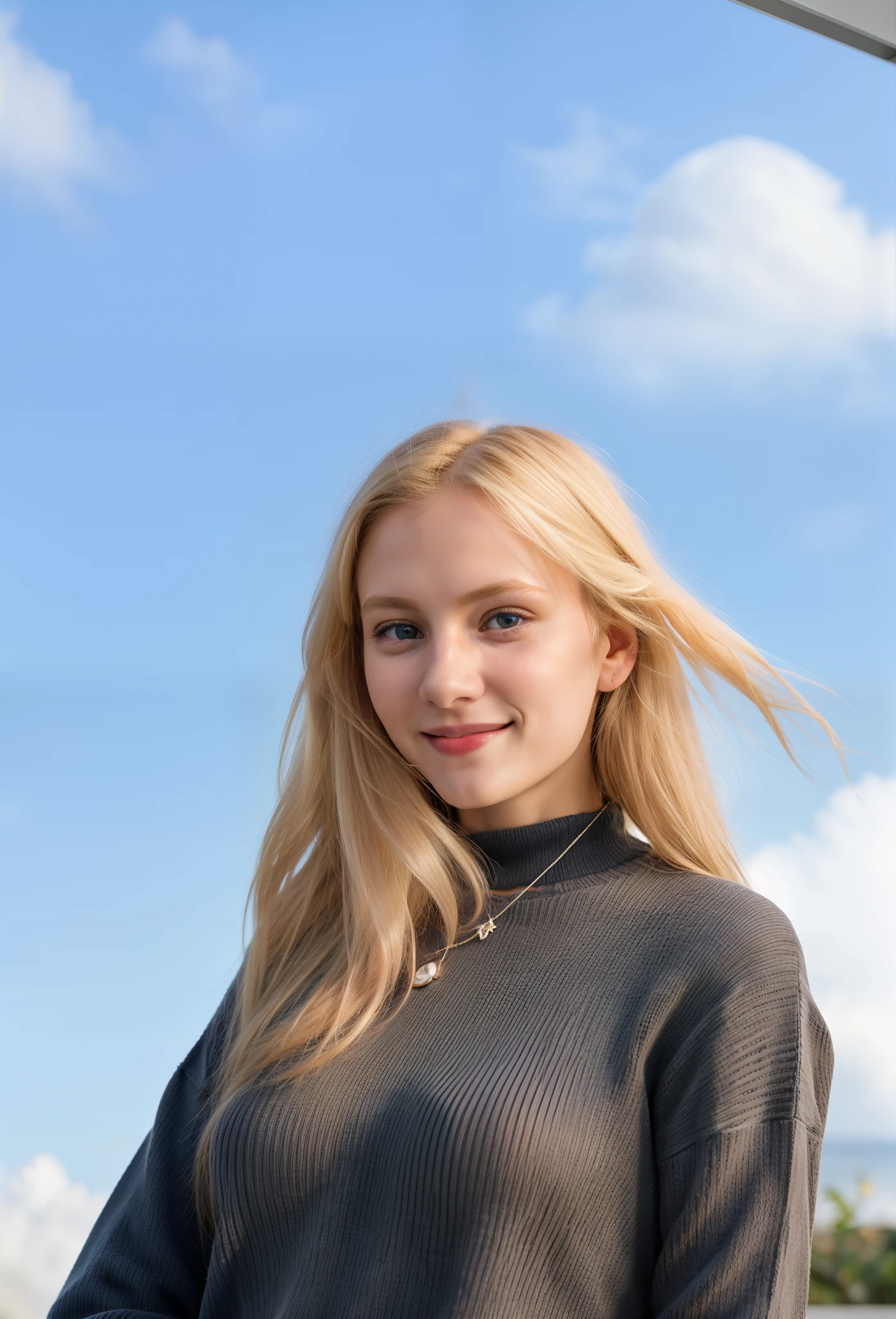 blond woman in black sweater standing, no bra, photo of young woman, beautiful cute face, portrait of nordic girl, portait image, a full portrait of nordic female, photo of a woman, photograph of april, young woman in her 20s, necklace, sexy, tyndall effect, photo realistic, rim lighting, two tone lighting, (high detailed skin:1.2), 8k uhd, dslr, soft lighting, high quality, volumetric lighting, candid, Photograph, high resolution, 4k, 8k, absurdres, knowing smile, she looks at the camera like she's in love with the photographer