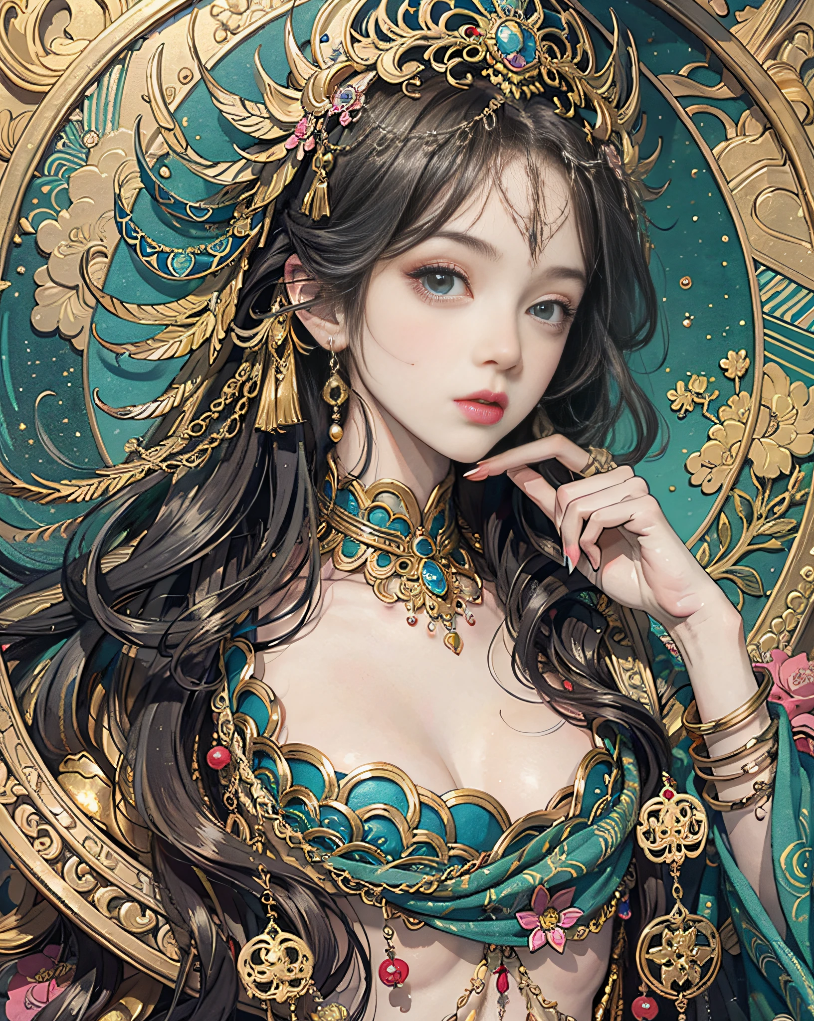 (masterpiece, top quality, best quality, official art, beautiful and aesthetic:1.2), (1girl), extreme detailed,colorful,highest detailed, official art, unity 8k wallpaper, ultra detailed, beautiful and aesthetic, beautiful, masterpiece, best quality, (zentangle, mandala, tangle, entangle) ,holy light,gold foil,gold leaf art,glitter drawing, PerfectNwsjMajic