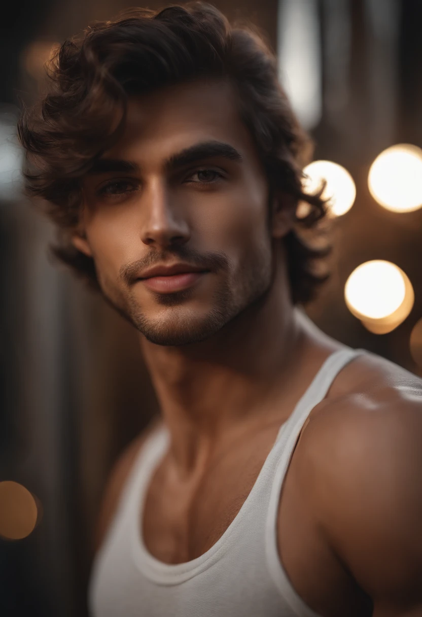 Cinematic soft lighting illuminates a beautiful Brazilian male model with stunning and ultra-realistic details,Foto de corpo inteiro da frente,olhar bonito,messy short brown hair,olhos claros de mel,Sorriso encantador perfeito,Criado sexy,Homem quente,insanamente bonita,That's the trend of ArtStation。Octane is the perfect tool to capture the softest details of this 16k photographic masterpiece。