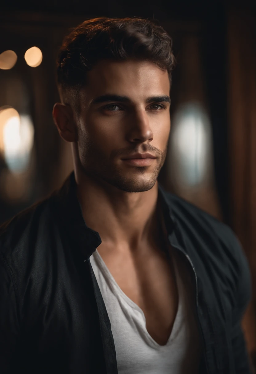 Cinematic soft lighting illuminates a beautiful Brazilian male model with stunning and ultra-realistic details,Foto de corpo inteiro da frente,olhar bonito,messy short brown hair,olhos claros de mel,Sorriso encantador perfeito,Criado sexy,Homem quente,insanamente bonita,That's the trend of ArtStation。Octane is the perfect tool to capture the softest details of this 16k photographic masterpiece。