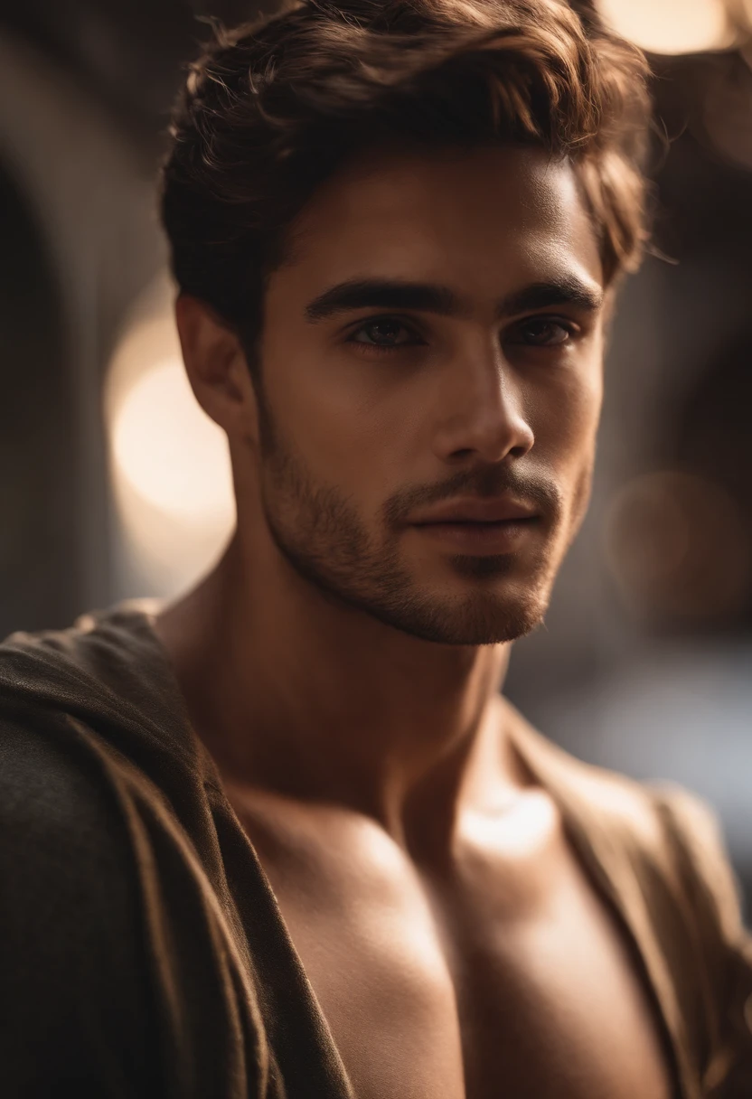 Cinematic soft lighting illuminates a beautiful Brazilian male model with stunning and ultra-realistic details,Foto de corpo inteiro da frente,olhar bonito,messy short brown hair,olhos claros de mel,Sorriso encantador perfeito,Criado sexy,Homem quente,insanamente bonita,That's the trend of ArtStation。Octane is the perfect tool to capture the softest details of this 16k photographic masterpiece。