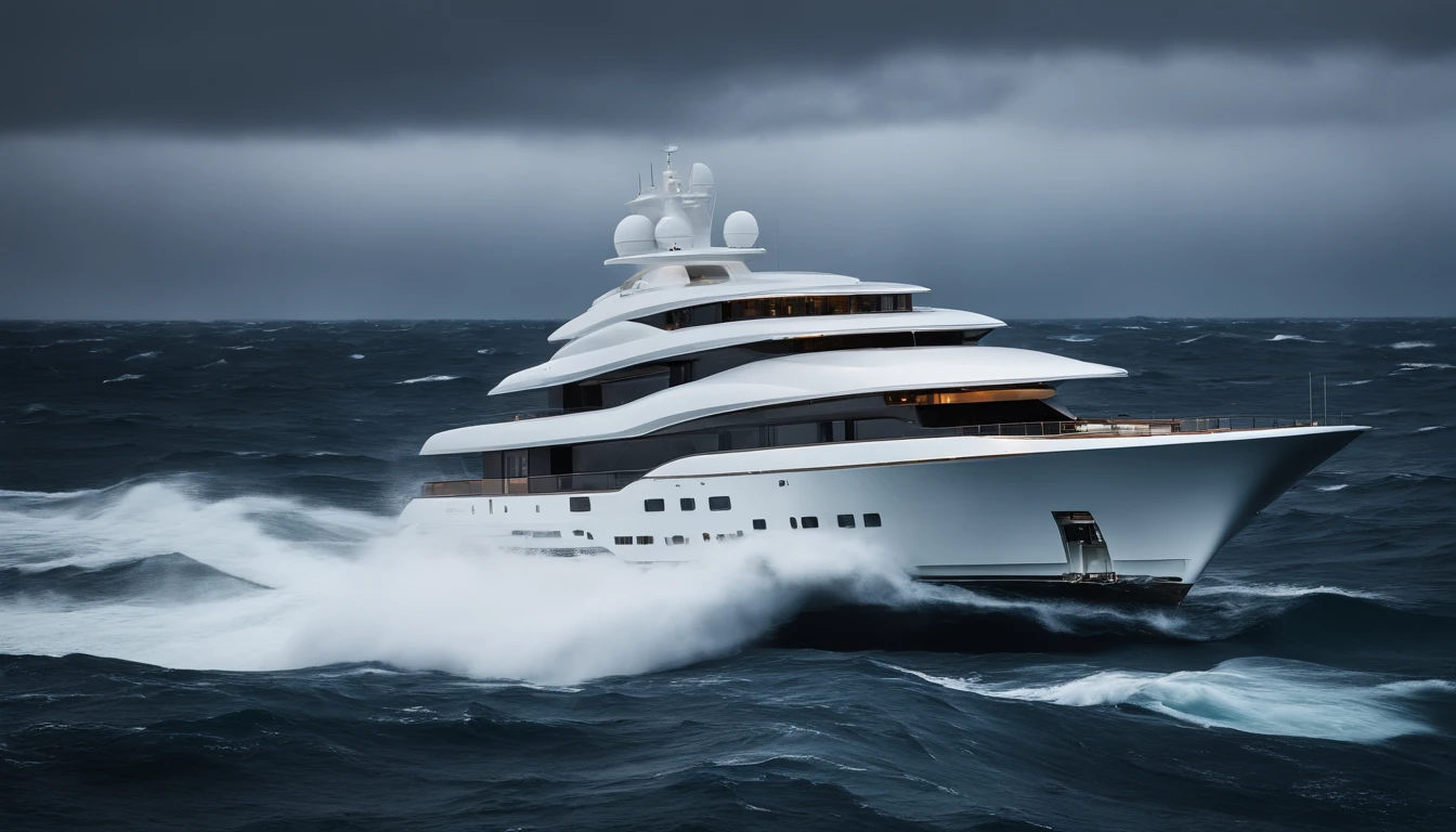 Create a dramatic photograph of a futuristic luxury mega yacht in a fierce ocean storm, capturing the vessel's strength and resilience in the style of Star Wars. The turbulent weather conditions, dynamic lighting, and mood, with a photojournalistic approach, should resemble the style of Chris Burkard.