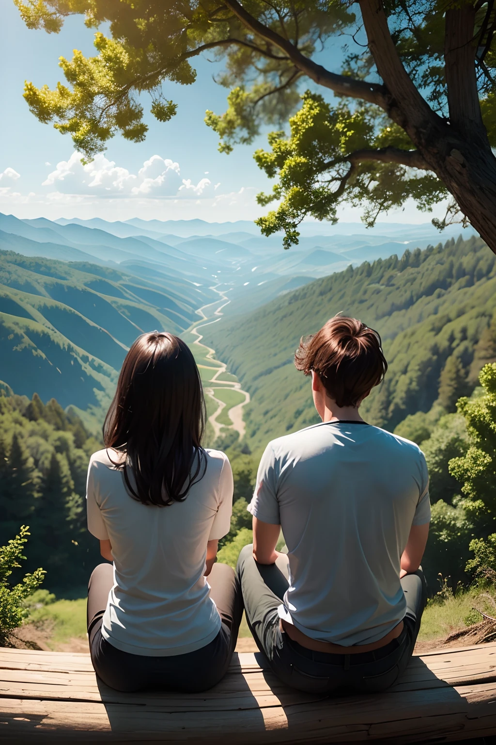 3 people sitting on a log with their backs turned, overlooking the landscape, with trees behind them