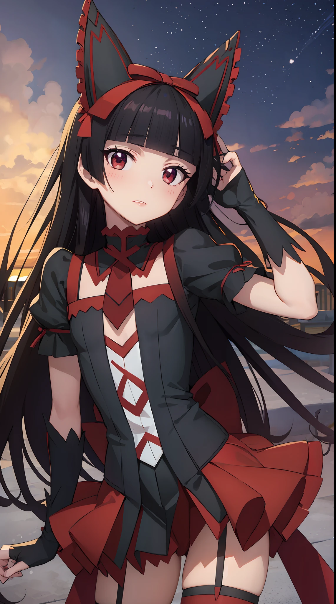 Rory Mercury, Rory Mercury, black  hair, blunt bangs, hime cut, hair ornament, red lipstick, hairlong, cute face, makeup, (small chest:1.2), (red eyes:1.5), BREAK Gothic underwear, the perfect body (little chest:1.3) Hornny,  BREAK in full growth, red shoes, BREAK Black Stockings, Black Gloves BREAK, black thighs, garter straps, gloves, gotik, Hair Bow, gothic fashion, puffy short sleeves, puffy sleeves, short sleeves, thights, thights,  BREAK of the starry night sky, night city, BREAK looks at the viewer, BREAK (Masterpiece:1.2), Best Quality, High Resolution, Unity 8k壁纸, (illustartion:0.8), (beautiful detail eyes:1.6), extremely detailed face, perfect  lighting, extremely detailed CGI, (perfect arms, perfect anatomy),