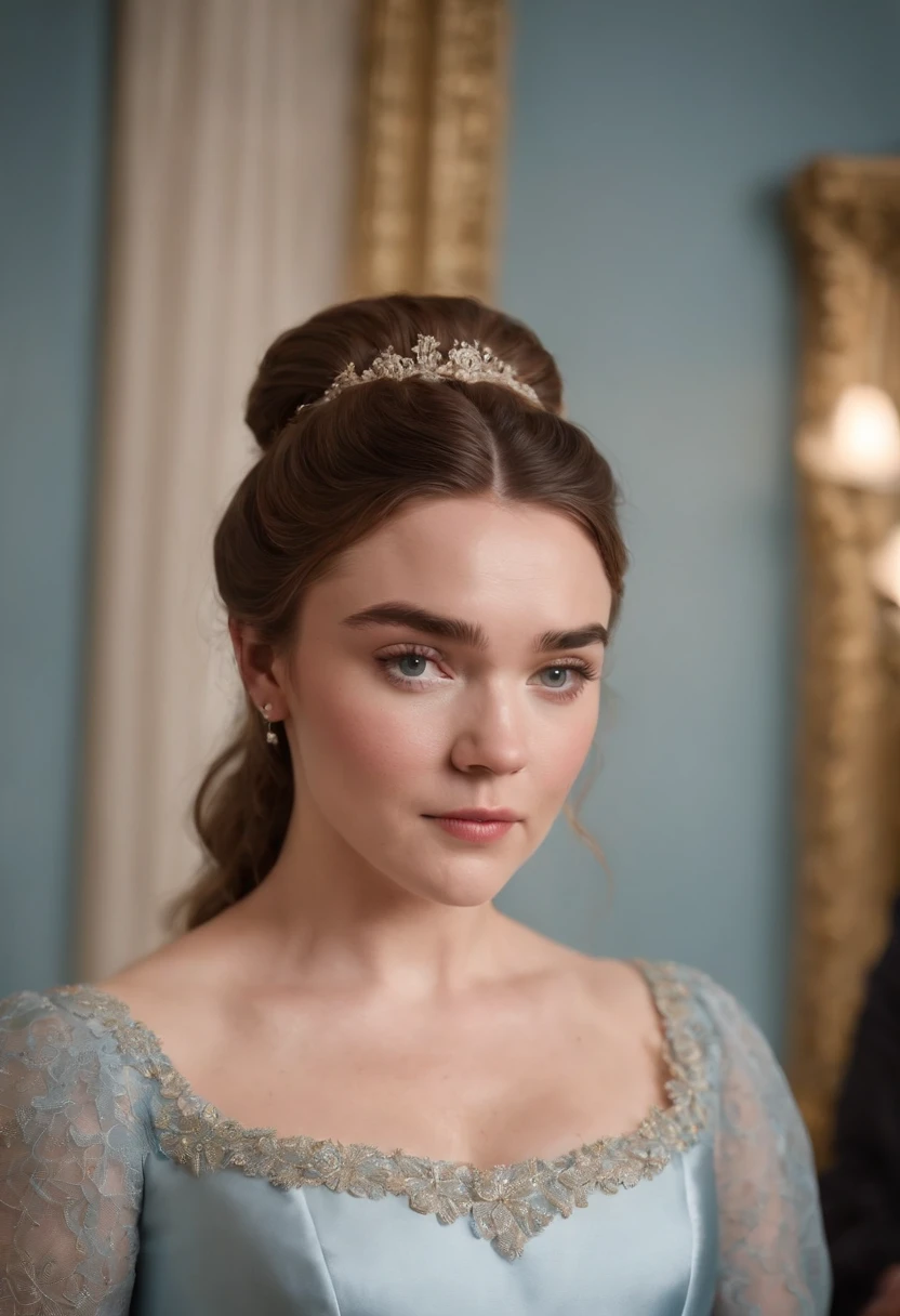 Florence Pugh with brown hair in a London regency dainty blue dress in “Bridgerton” with a London season party as the background