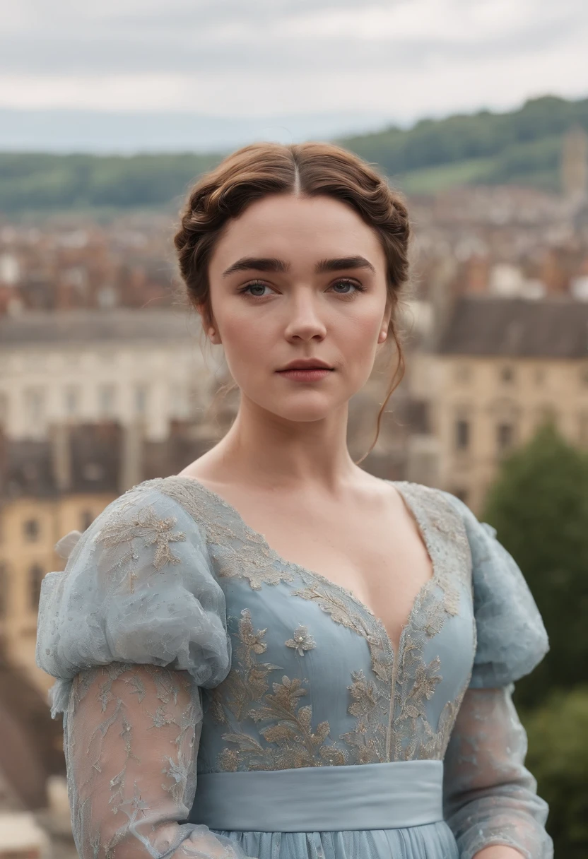 Florence Pugh with brown hair in a London regency dainty blue dress in “Bridgerton” with a London season party as the background