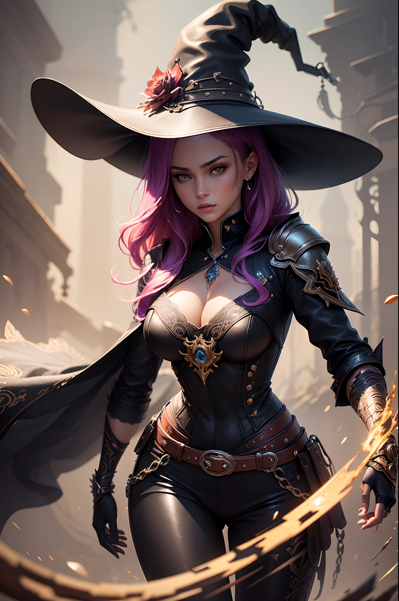 (best quality: 1.1), (masterpiece: 1.1), detailed, perfect anatomy, 1 girl, medium shot, wizard, masterpiece, best quality, mature witch, witch hat, Leather pants, leather jacket, leather boots, studdet belt, rivet belt, chains, grumpy lighting, brightness, bright, mysterious, mystical, magical, rim lighting, vibrant, colorful, intricate, elegant, sharp focus, highly detailed, digital painting, concept art, matte, masterpiece, hyper detailed ultra sharp, vibrant aesthetics, blood wave, colorful, ornate, intricate, digital painting, concept art, smooth, sharp focus, illustration, beautiful female,