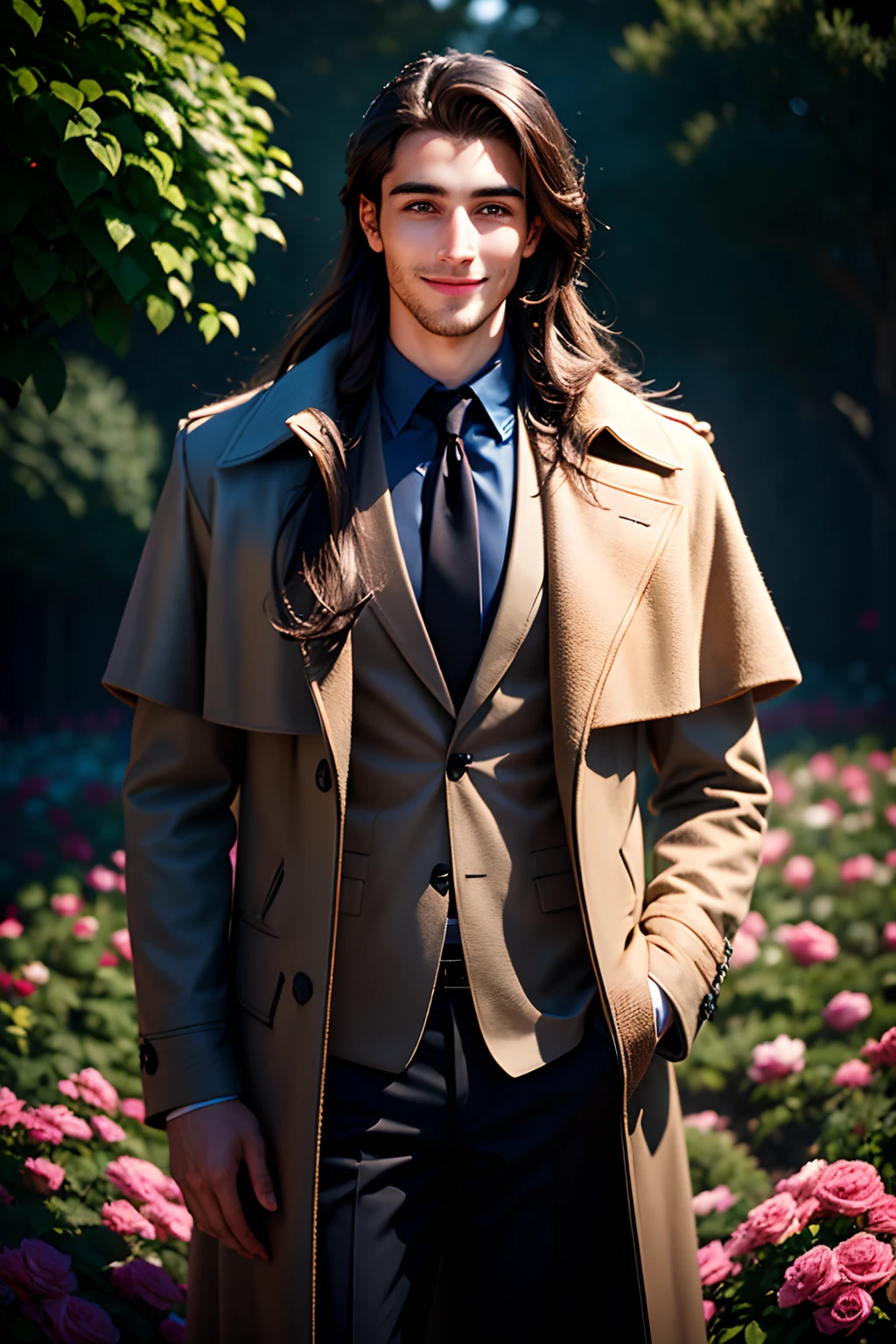 A nice young man with long coats. Stand smiling. In the garden of roses, big flowers., brown hair, glowing eyes, smile, modern, depth of field, god rays, multiple views, UHD, anatomically correct, textured skin
