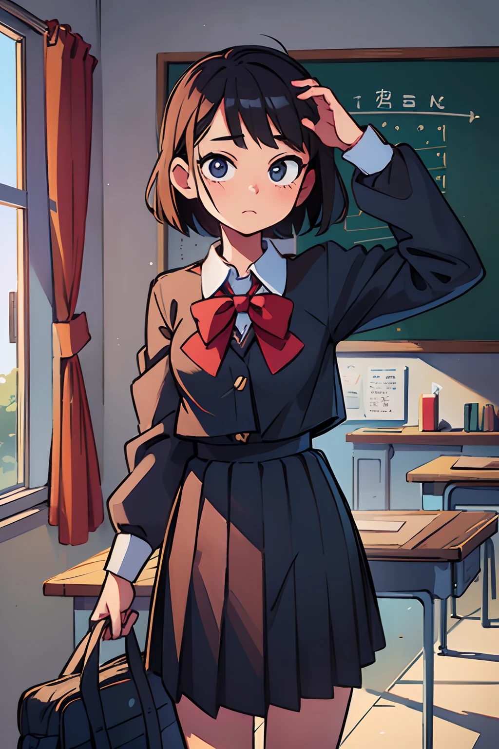 (Masterpiece,newest,Exceptional:1.2),1girll,Black school uniform,Classroom,Hands in front，Carry your bag with both hands。orthofacial，Hand down