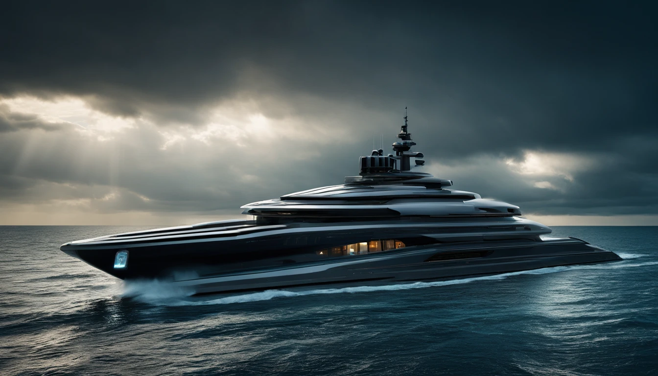Create a dramatic photograph of a futuristic luxury mega yacht in a fierce ocean storm, capturing the vessel's strength and resilience in the style of Star Wars. The turbulent weather conditions, dynamic lighting, and mood, with a photojournalistic approach, should resemble the style of Chris Burkard.