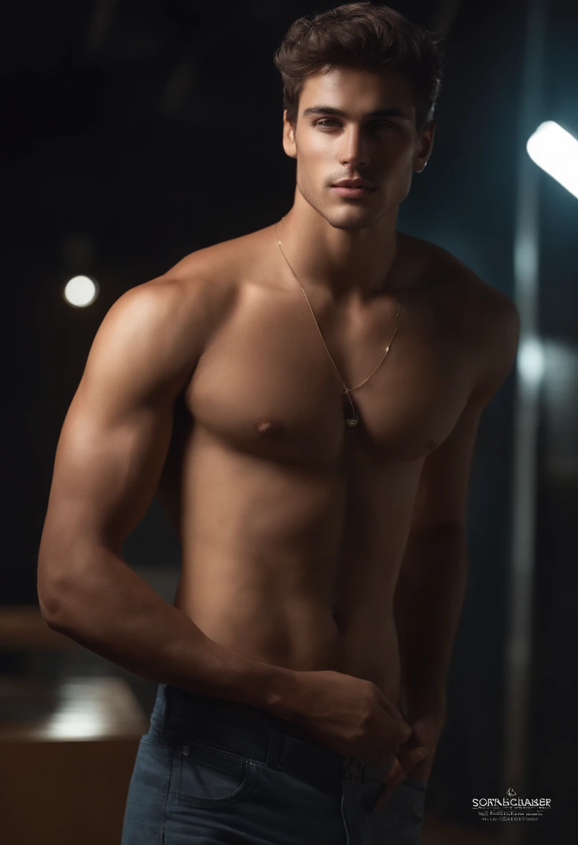 Cinematic soft lighting illuminates a beautiful Brazilian male model with stunning and ultra-realistic details,Foto de corpo inteiro da frente,olhar bonito,messy short brown hair,olhos claros de mel,Sorriso encantador perfeito,Criado sexy,Homem quente,insanamente bonita,That's the trend of ArtStation。Octane is the perfect tool to capture the softest details of this 16k photographic masterpiece。