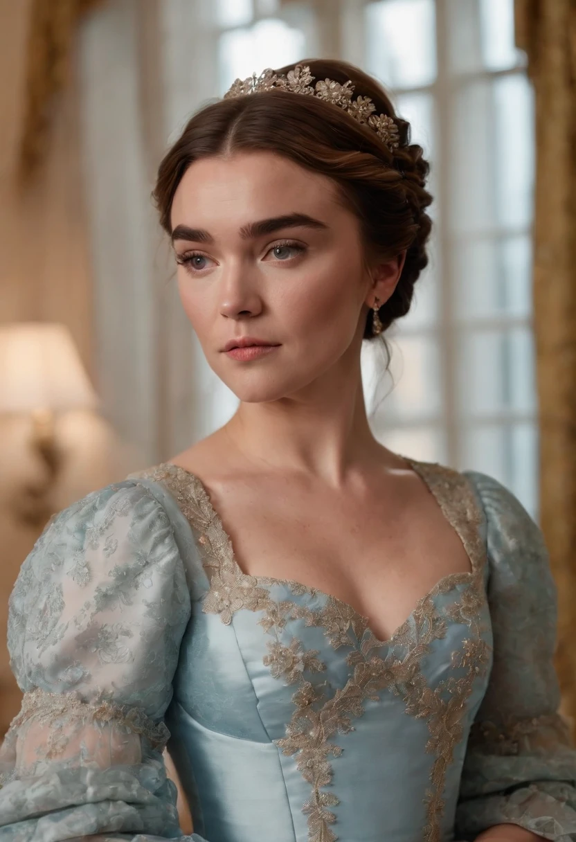 Florence Pugh with brown hair in a London regency dainty blue dress in “Bridgerton” with a London season party as the background