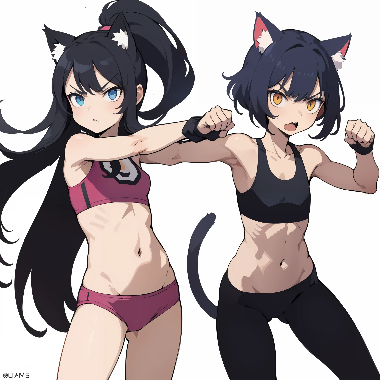 (superflat, flat shading, flat colors), 2girls, , petite, slim, skinny, flat chest, sports bra, fighting poses, serious, (cat ears), vibrant colors, bright,