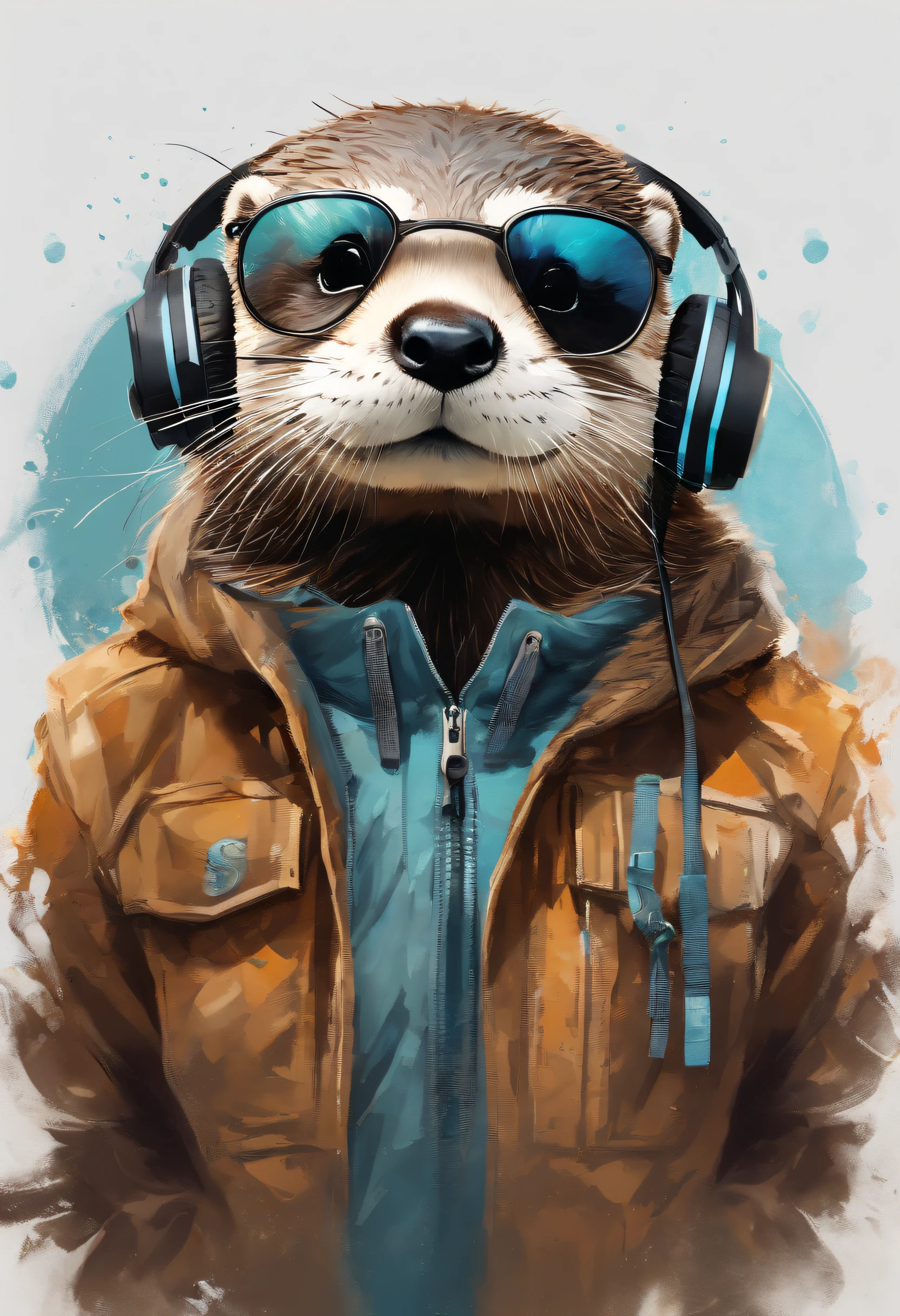 Perfect centering, Cute otter, Wear a student team jacket, Wearing sunglasses, Wearing headphones, cheerfulness, Standing position, Abstract beauty, Centered, Looking at the camera, Facing the camera, nearing perfection, Dynamic, Highly detailed, smooth, Sharp focus, 8K, high definition resolution, illustration, Art by Carne Griffiths and Wadim Kashin, White background