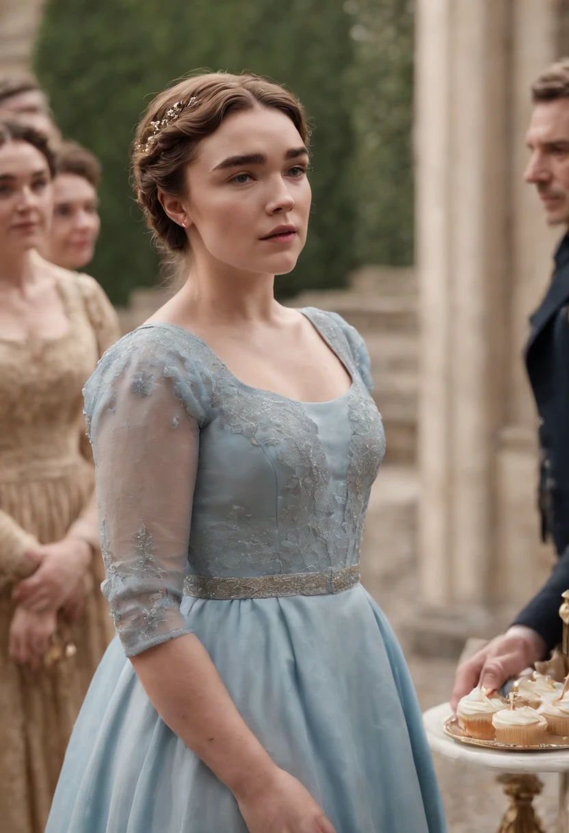 Florence Pugh with brown hair in a London regency dainty blue dress in “Bridgerton” with a London season party as the background