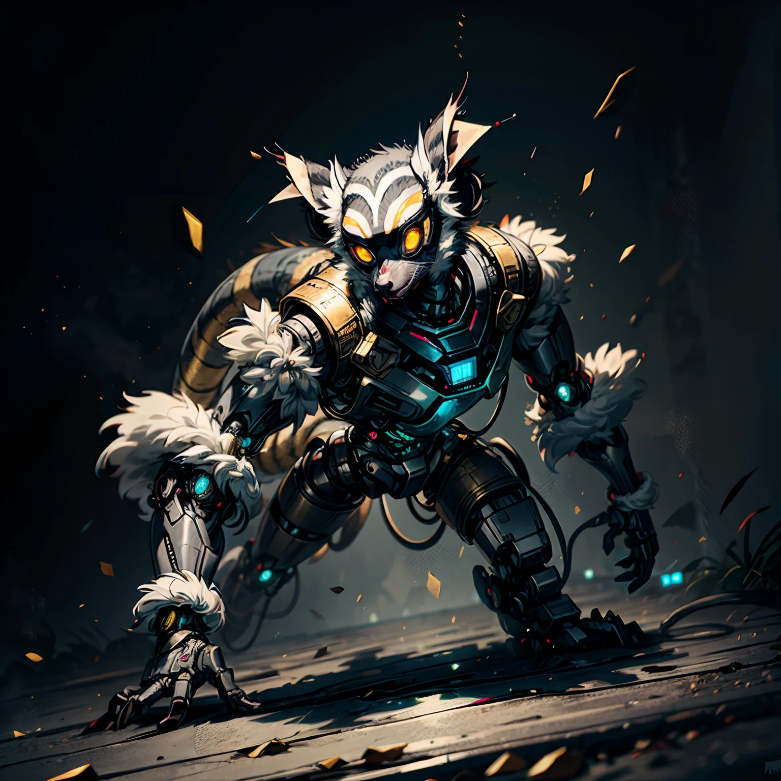 8k Male Lemur Robot. Black scale furr and yellow eyes. Wearing Black-gray milatery gear with gold snake skin scales ans Googles.