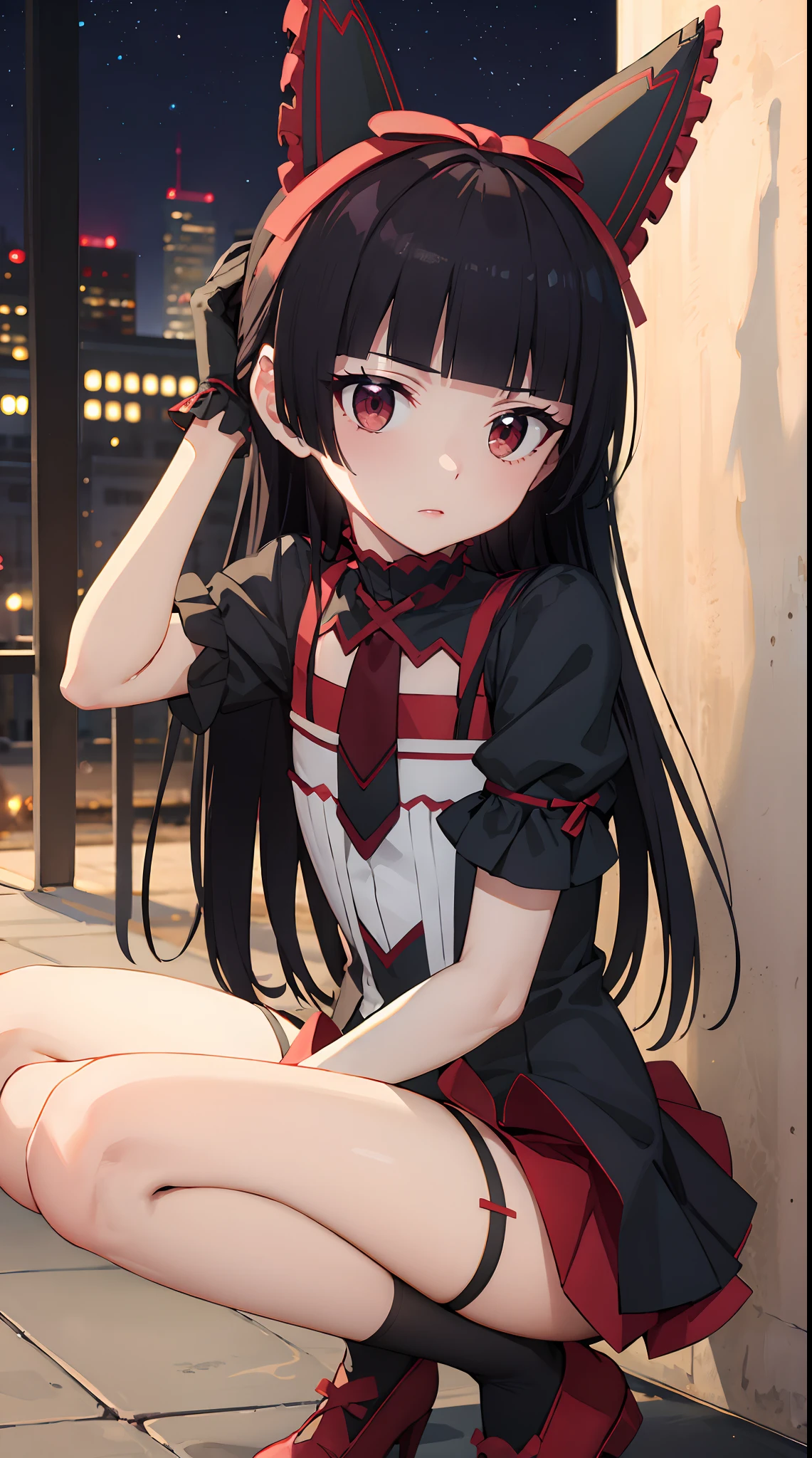 Rory Mercury, Rory Mercury, black  hair, blunt bangs, hime cut, hair ornament, red lipstick, hairlong, cute face, makeup, (small chest:1.2), (red eyes:1.5), BREAK Gothic underwear, the perfect body (little chest:1.3) Hornny,  BREAK in full growth, red shoes, BREAK Black Stockings, Black Gloves BREAK, black thighs, garter straps, gloves, gotik, Hair Bow, gothic fashion, puffy short sleeves, puffy sleeves, short sleeves, thights, thights,  BREAK of the starry night sky, night city, BREAK looks at the viewer, BREAK (Masterpiece:1.2), Best Quality, High Resolution, Unity 8k壁纸, (illustartion:0.8), (beautiful detail eyes:1.6), extremely detailed face, perfect  lighting, extremely detailed CGI, (perfect arms, perfect anatomy),