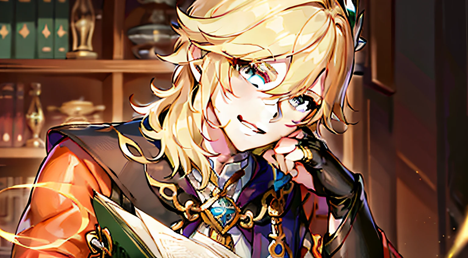 um close up de uma pessoa sentada em uma mesa com um livro, Beautiful androgynous prince, bardo masculino sorridente, delicate androgynous prince, portrait of magical blond prince, Kaveh de Genshin Impact, sorriso roguish, Genshin, Personagem Genshin Impact, arte chave do anime, Kaveh, Genshin Impact