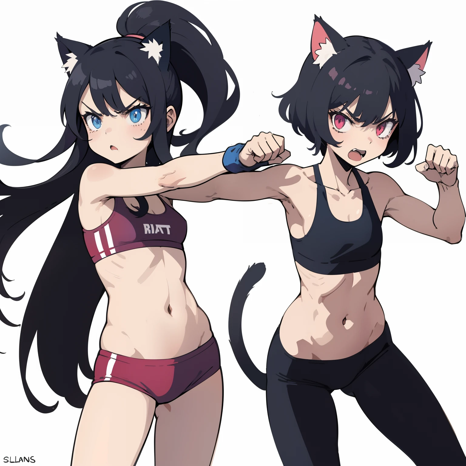 (superflat, flat shading, flat colors), 2girls, , petite, slim, skinny, flat chest, sports bra, fighting poses, serious, (cat ears), vibrant colors, bright,