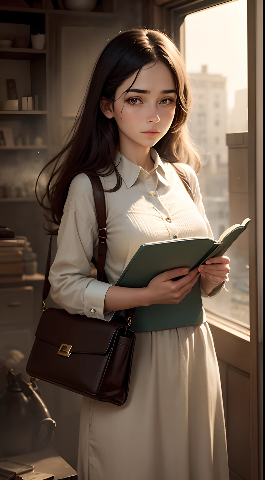 Woman holding a diary full of dust