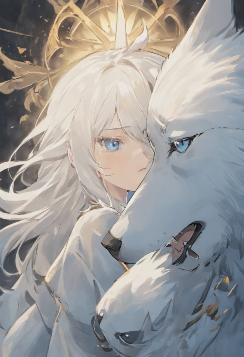 Same blue-eyed white wolf at different times without background