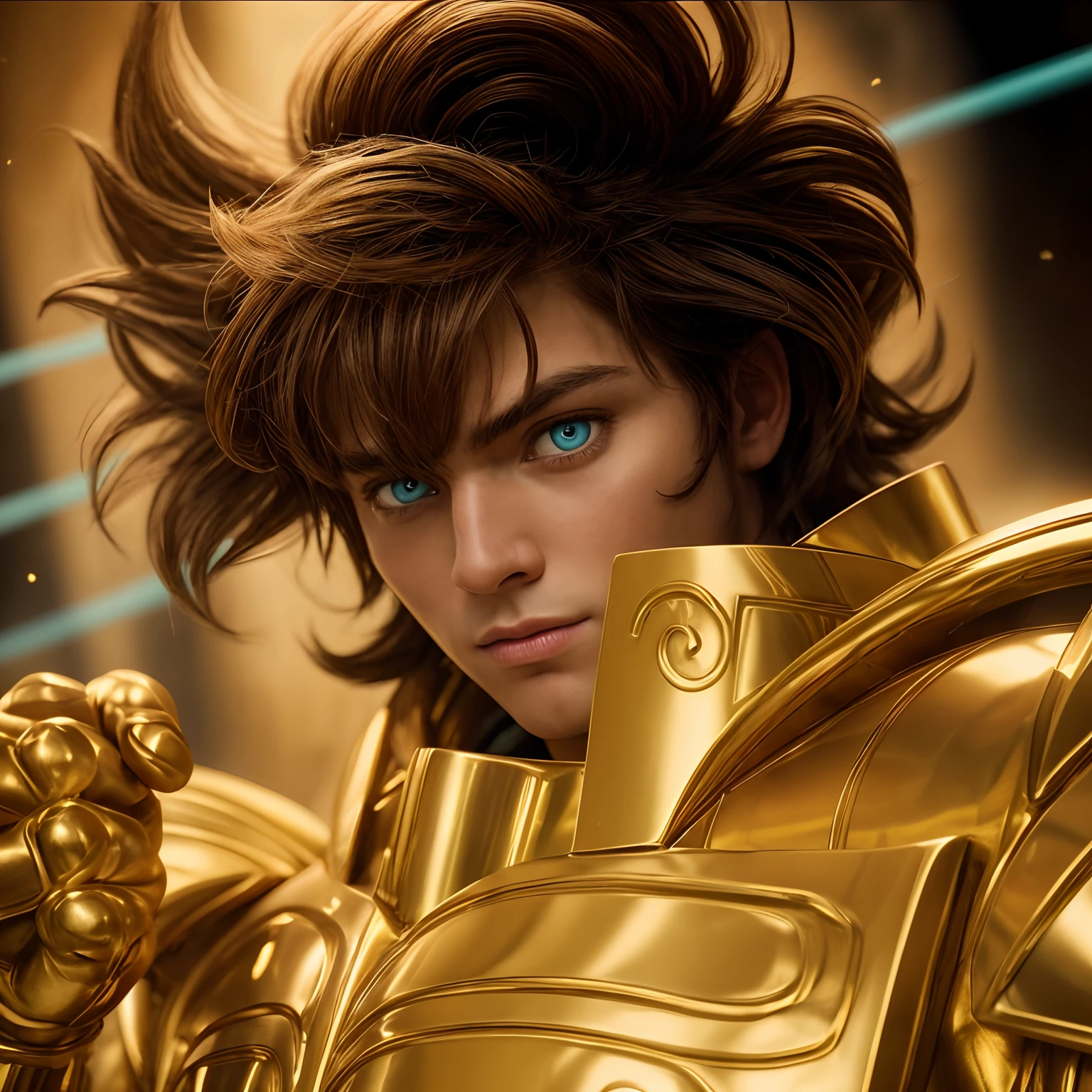 Cinematic stunningly detailed and ultra-realistic Leo Aiolia of Saint Seiya. Close up. He is waring pretty realistic golden armor. Bright golden armor. Octane is the perfect tool to capture the softest details of this 16k photography masterpiece. He is a handsome caucasian man about 30 years old. 1boy. Beautiful face. Detailed face. Beautiful nose. (Pretty big turquoise eyes). Perfect eyes. Shaved. He has light brown hair. Perfect closed fist. Messy hair. ((pretty big turquoise eyes)). ((Shaved)). a closed fist. He is staring his enemy.