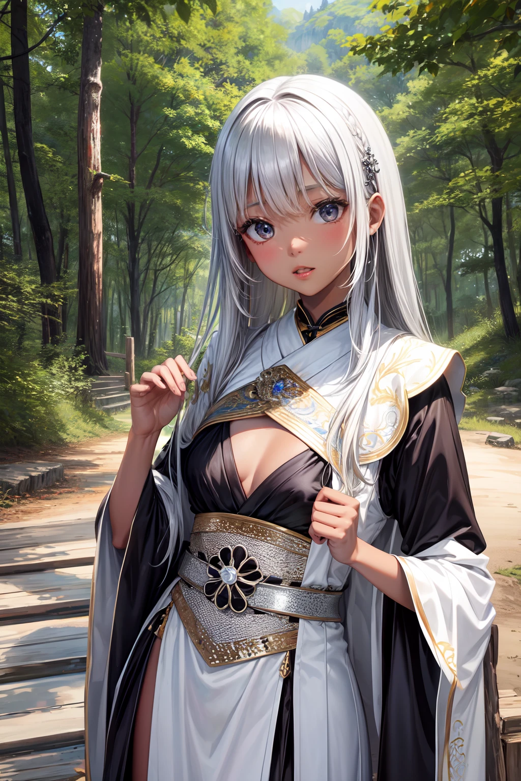 lighting like a movie、top-quality、Brown skin、Black skin、small tits、tiny body、Silver-haired long、Traditional costumes、in woods、