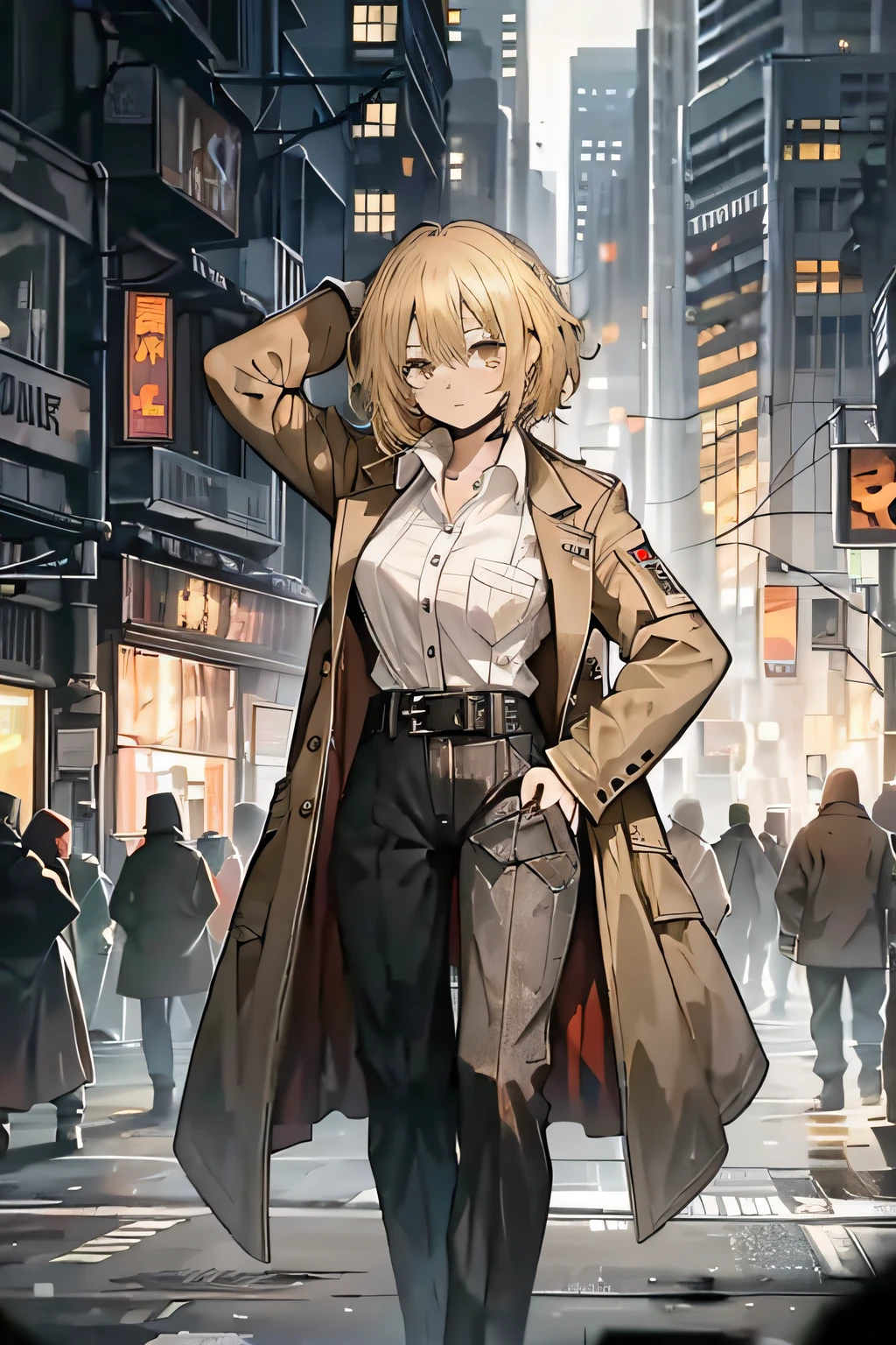 a 1girl, blond hair, square, brown eye, rumpled white shirt, dark brown coat, black pant, against the backdrop of the city, petite physique