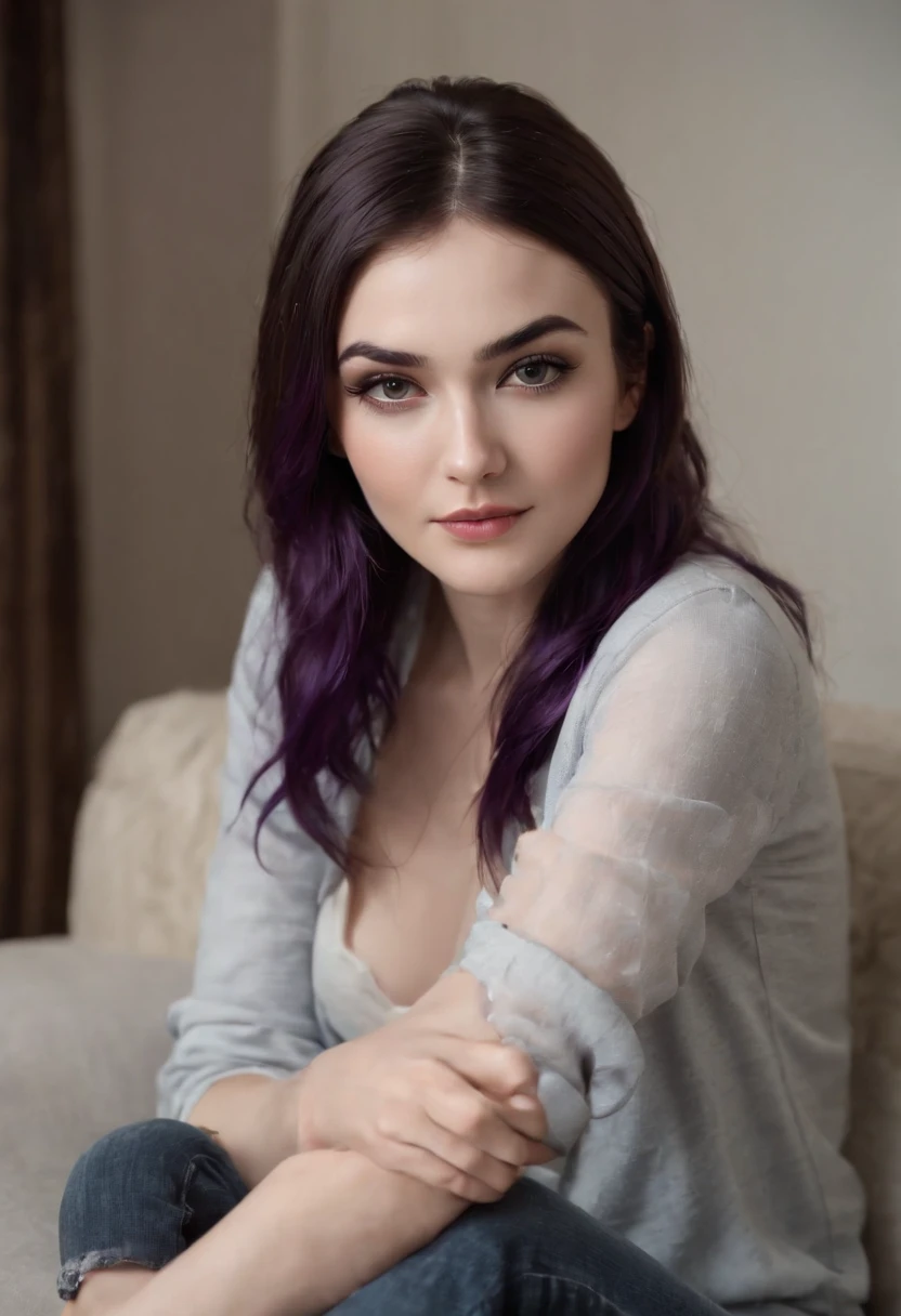 Sasha Grey sitting at a couch and crossed her legs, (siliconed boobs, barefooted and wearing comfy lingerie), (professional photography), (best quality:1.5), (shredded and cropped purple hair), (blushed cheek, eyeliner, brown eyeliner and shadow), (clear eyes), textured skin, [hyper realistic],  face close, 80mm, soft focus , film grain:1.2
