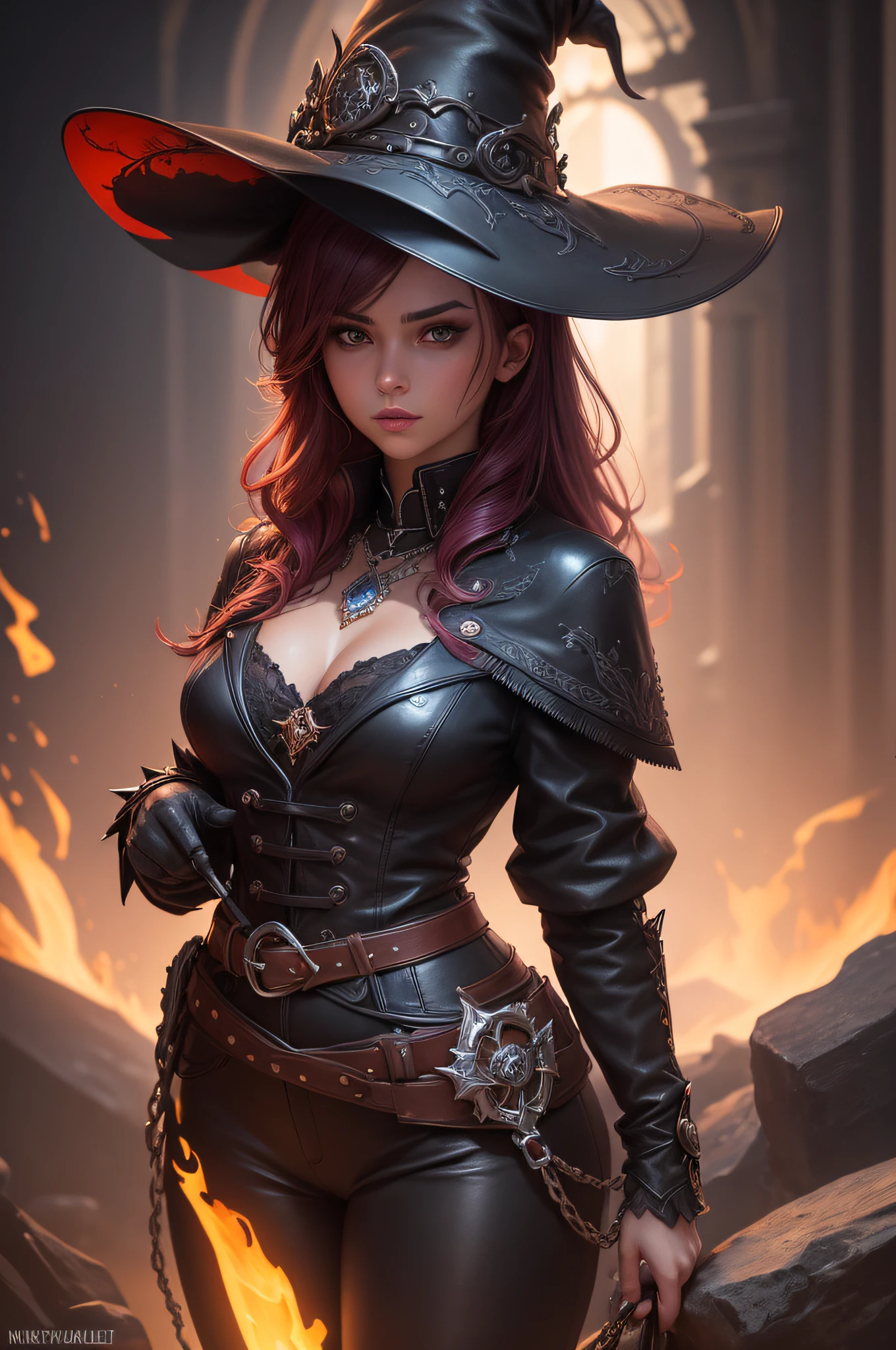 (best quality: 1.1), (masterpiece: 1.1), detailed, perfect anatomy, 1 girl, medium shot, wizard, masterpiece, best quality, mature witch, witch hat, dark black Leather pants, dark black leather jacket, dark black leather boots, studdet belt, rivet belt, chains, grumpy lighting, brightness, bright, mysterious, mystical, magical, rim lighting, vibrant, colorful, intricate, elegant, sharp focus, highly detailed, digital painting, concept art, matte, masterpiece, hyper detailed ultra sharp, vibrant aesthetics, blood wave, colorful, ornate, intricate, digital painting, concept art, smooth, sharp focus, illustration, beautiful female,