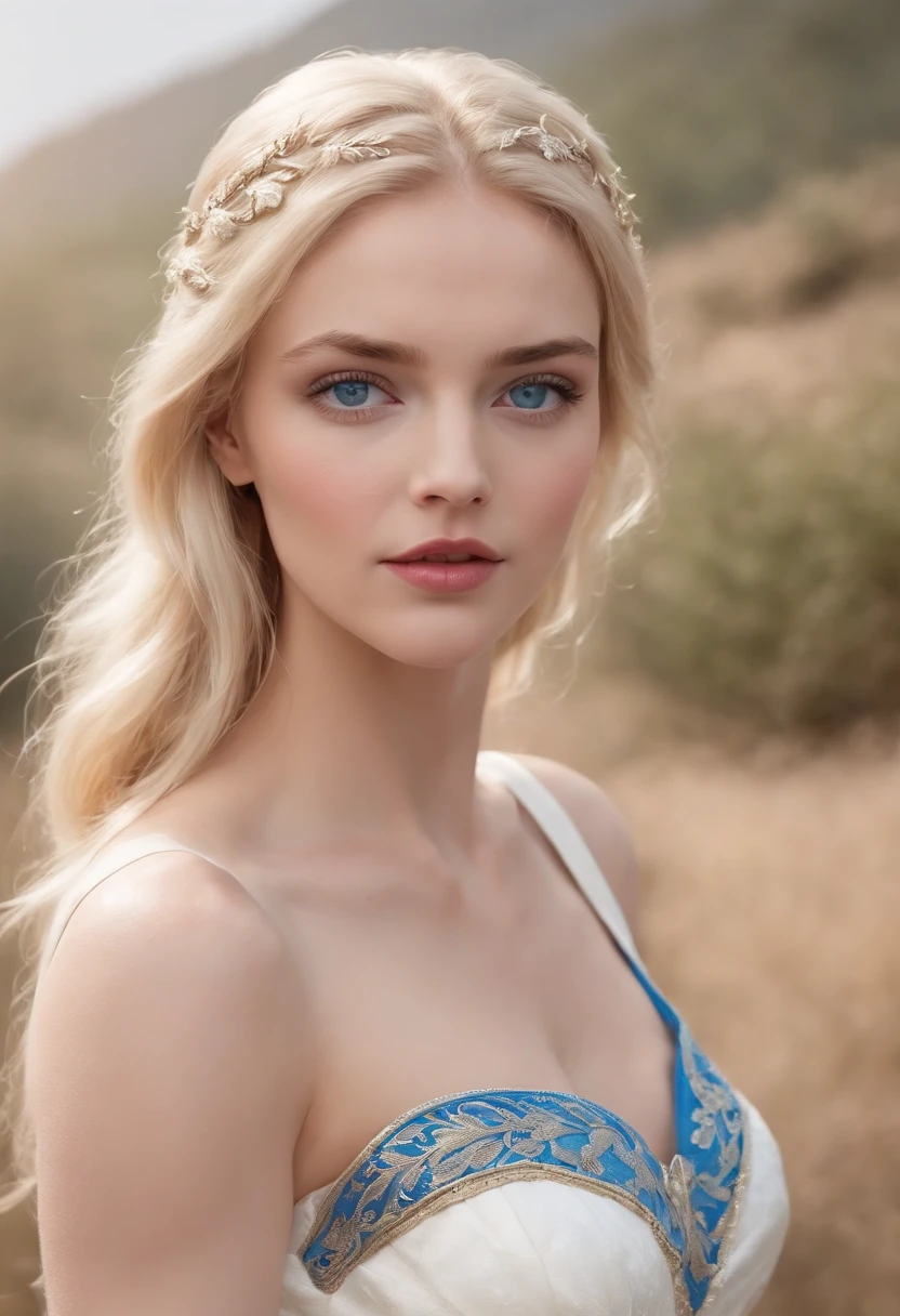 Young virgin greek goddess of wild nature and hunting, with (((Blonde hair))) And (((Blue eyes))), Amazingly beautiful, is fair-skinned, slender and tall, wears {sleeveless, (Very short: 1.7), (white:1.5), Greek chitons, With golden border}, Abs, "Looks strict and determined", Mythical Arcadian mountains and forests, Greek mythology, Hyper-Realism, Photorealistic, Super Detail, 8K, masterpiece