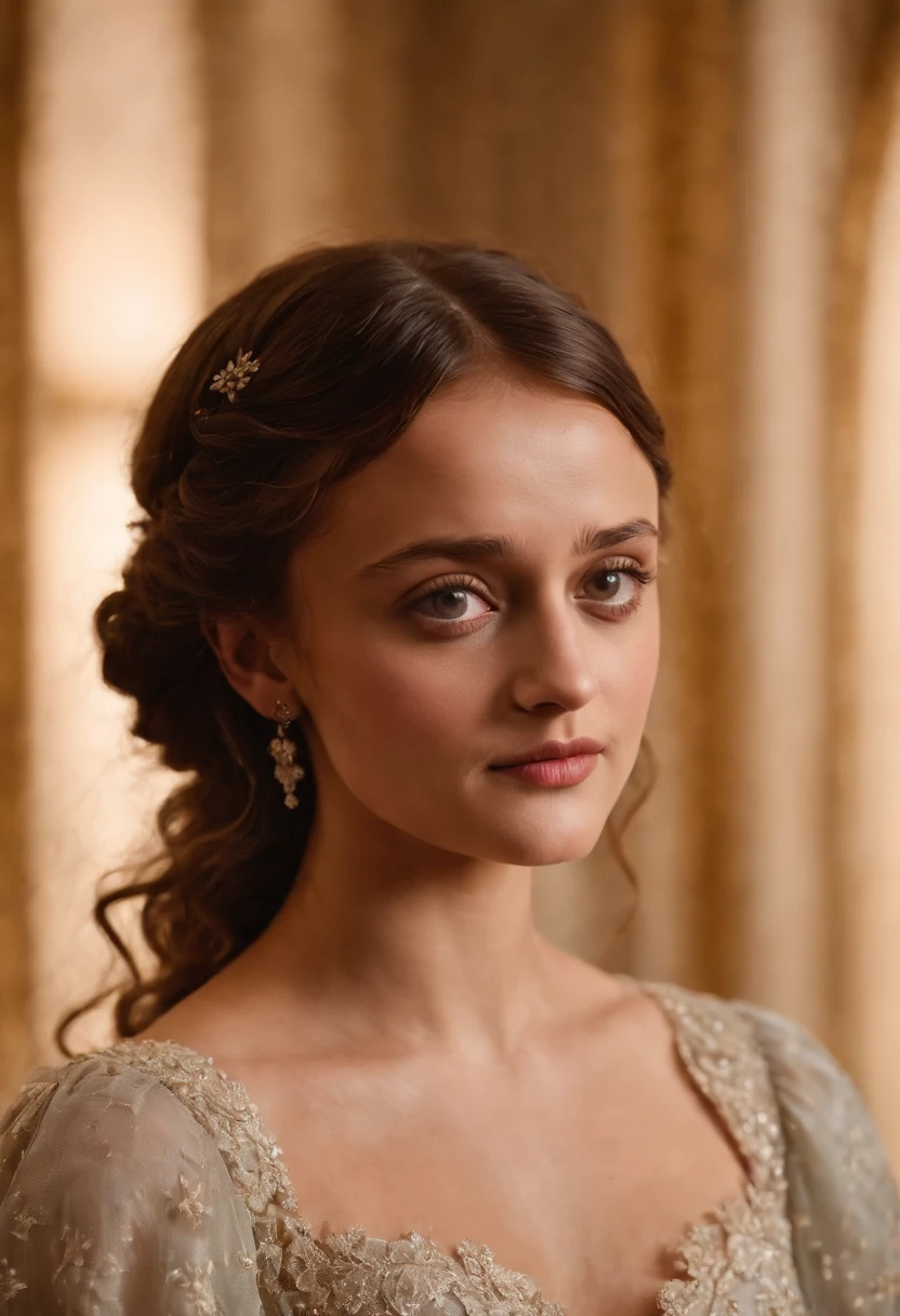 Ella Purnell as a Bridgerton in the show, “Bridgerton”, wearing a dainty, regency style dress with a London Season Party as the background