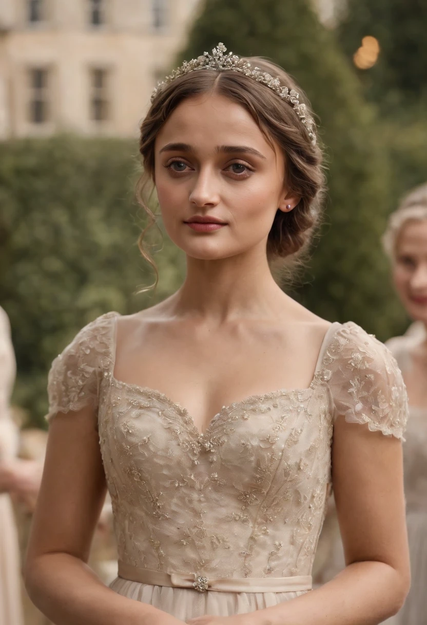 Ella Purnell as a Bridgerton in the show, “Bridgerton”, wearing a dainty, regency style dress with a London Season Party as the background