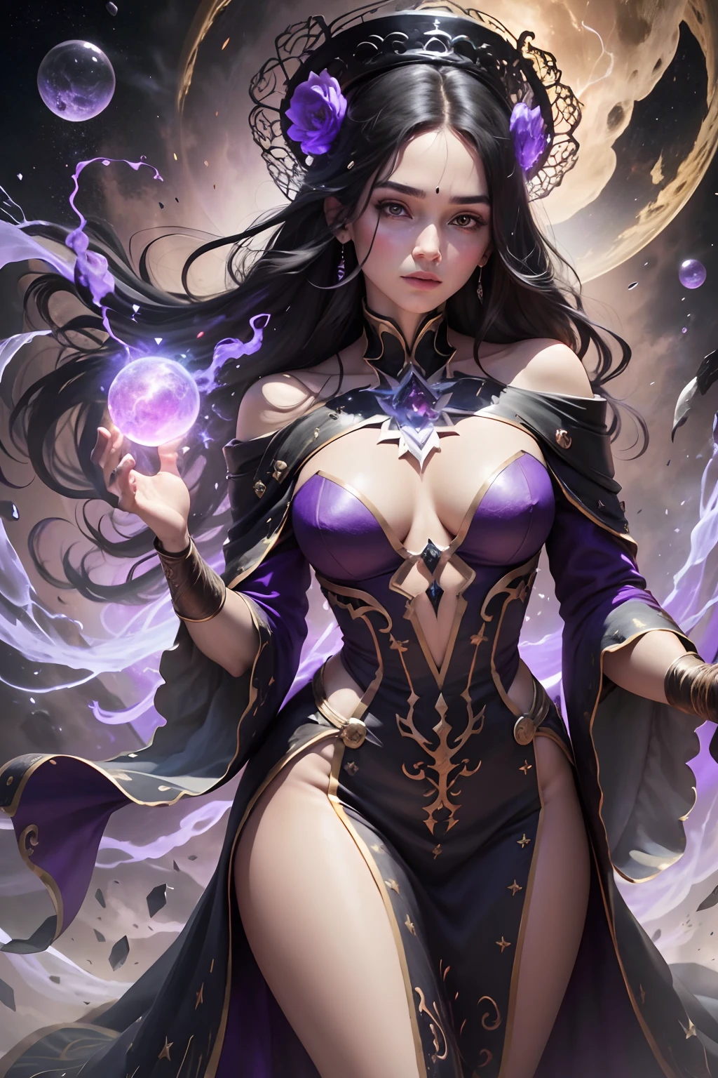 Deusa super-realista, Standing showing all her realistic 8K red lace dress floating in space , cabelos negros, pele, morena, corpo full body, Detailed Hands with Ruby Ring, 38 anos, Mystery front image ::8, flowing robe, Intricate Purple Makeup Patterns ::7, body ::6, Aura Encantada, magia brilhante ::5, CAULDRON, Bubbling Potion ::4, Magic ingredients, spellbooks ::3, gesto de spellcasting ::2, mistic ambient, supernatural presence ::1. Smoke and atmosphere: , 16K. --auto --s2