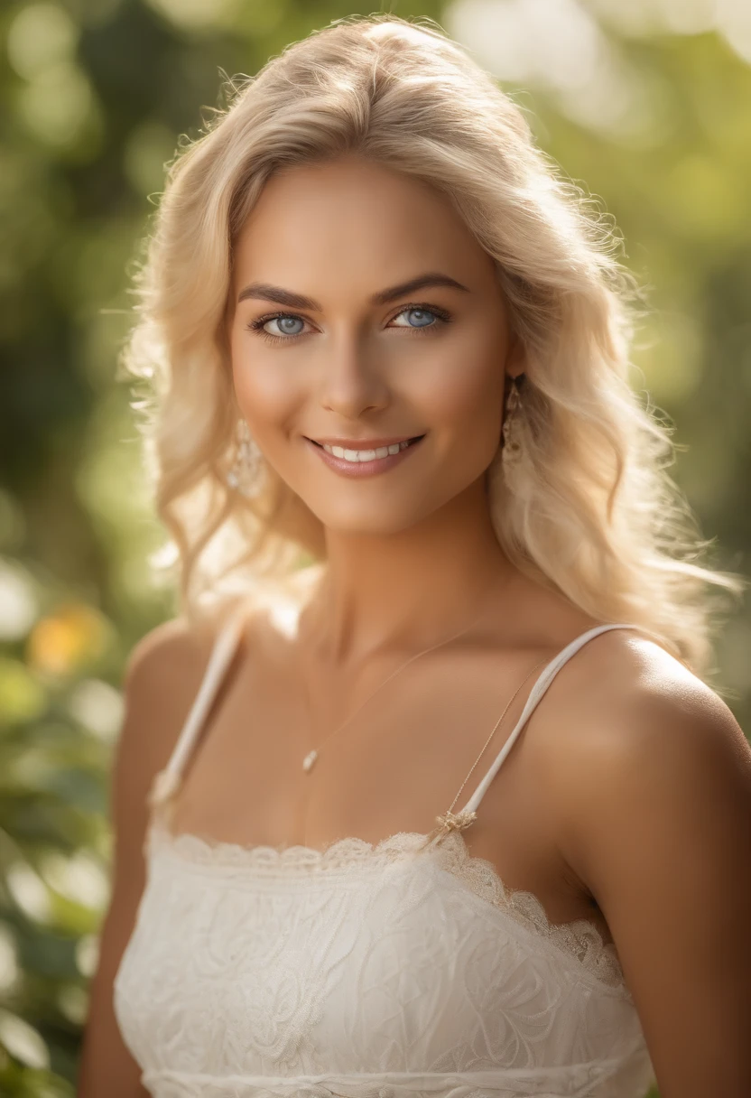 RAW Photo, DSLR, professional color graded, BREAK upper body photograph of dik-maya woman, (friendly smile:0.8), pale, blue eyes, full eyeliner, platinum blonde hair, wearing white top, garden background, sharp focus, HDR, 8K resolution, intricate detail, sophisticated detail, depth of field, analogue RAW DSLR, photorealistic, looking at viewer,