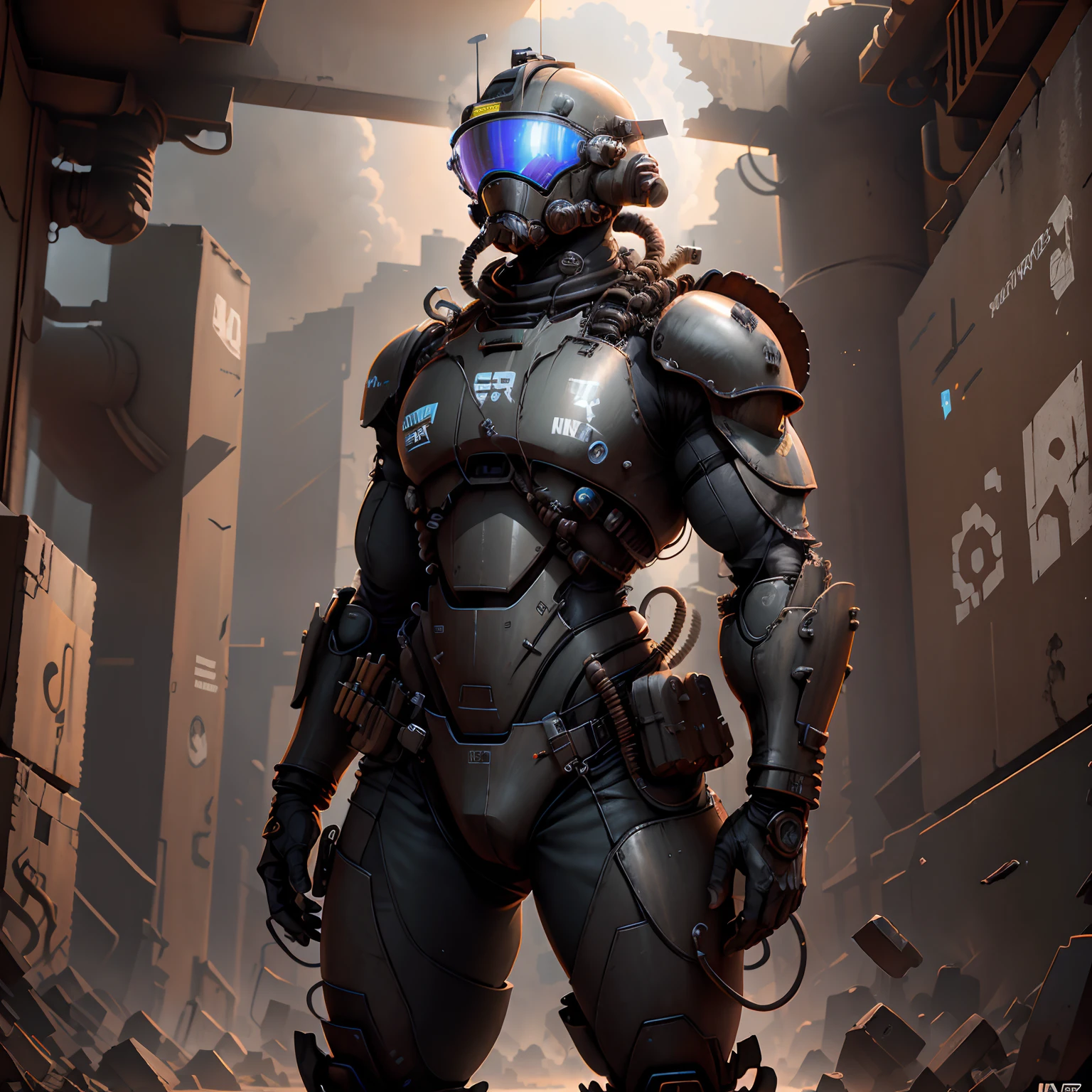 A man in a futuristic suit standing in a city - SeaArt AI