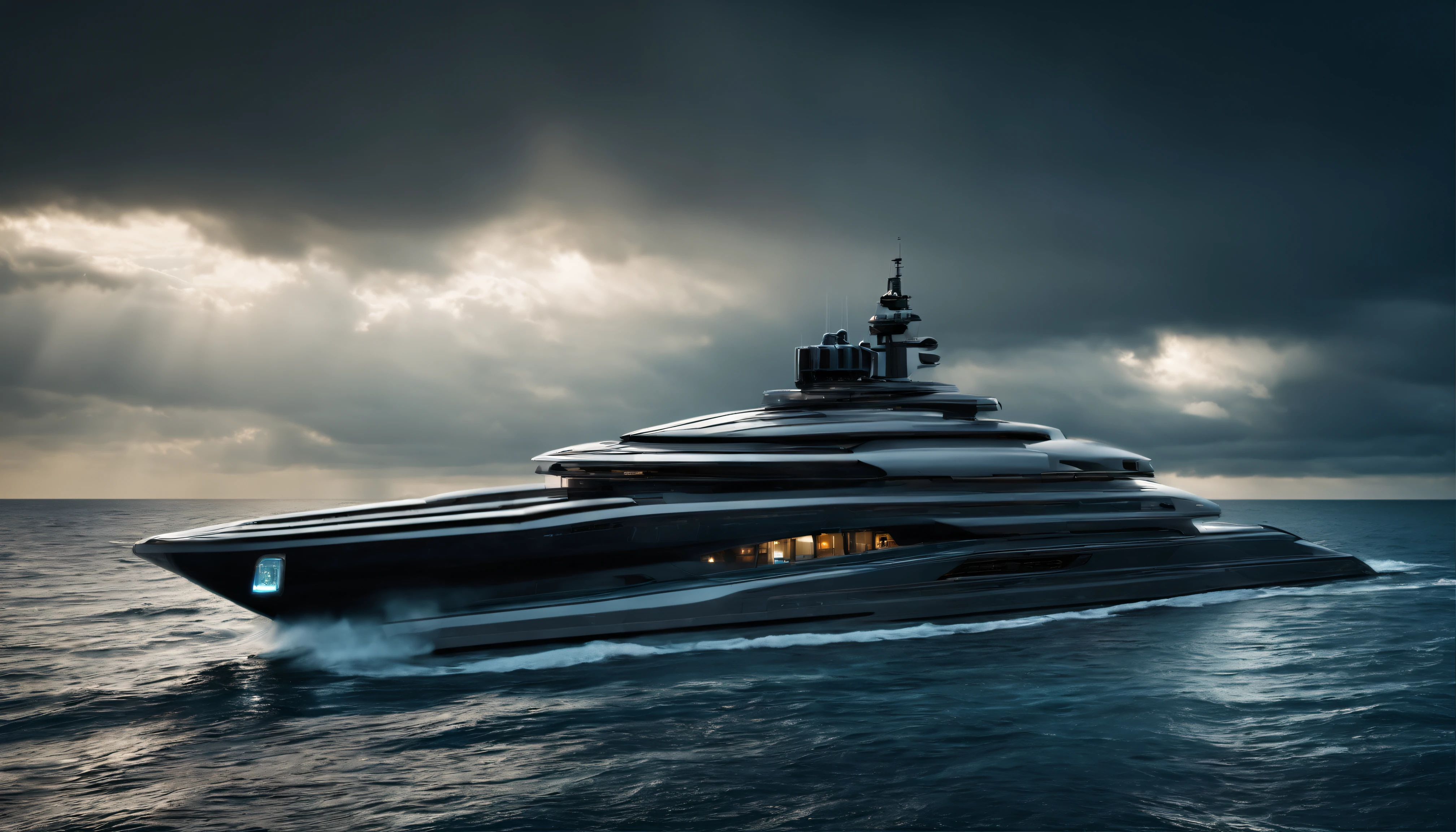 Create a dramatic photograph of a futuristic luxury mega yacht in a fierce ocean storm, capturing the vessel's strength and resilience in the style of Star Wars. The turbulent weather conditions, dynamic lighting, and mood, with a photojournalistic approach, should resemble the style of Chris Burkard.