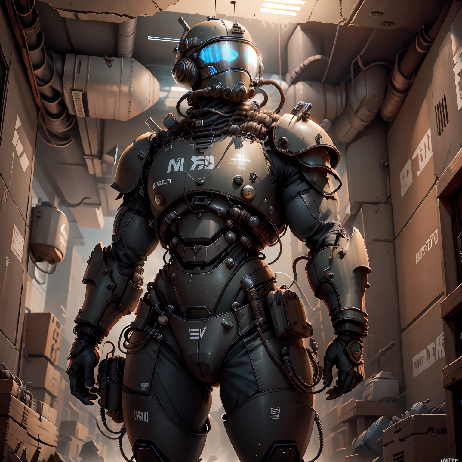 Uma power armor masculina encostada na parede com tubos conectados a ela, corpo inteiro, arte conceitual, estilo Fallout, armadura masculina, capacete fechado com visor preto