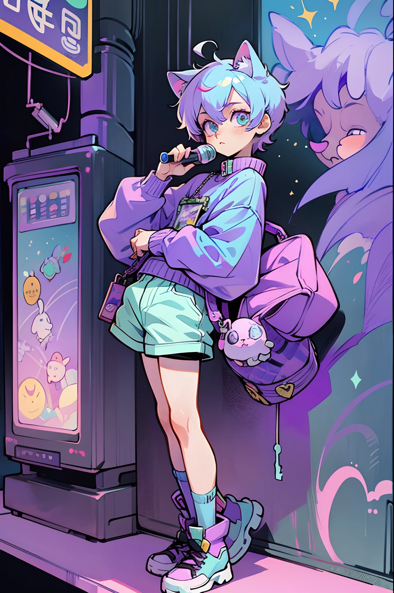 cute pastel goth boy, many accessories, keychains, charms, subway station, short shorts, boots, oversized sweater, 1boy, solo male, lavender hair, cat ears, bubbly, very short male hair