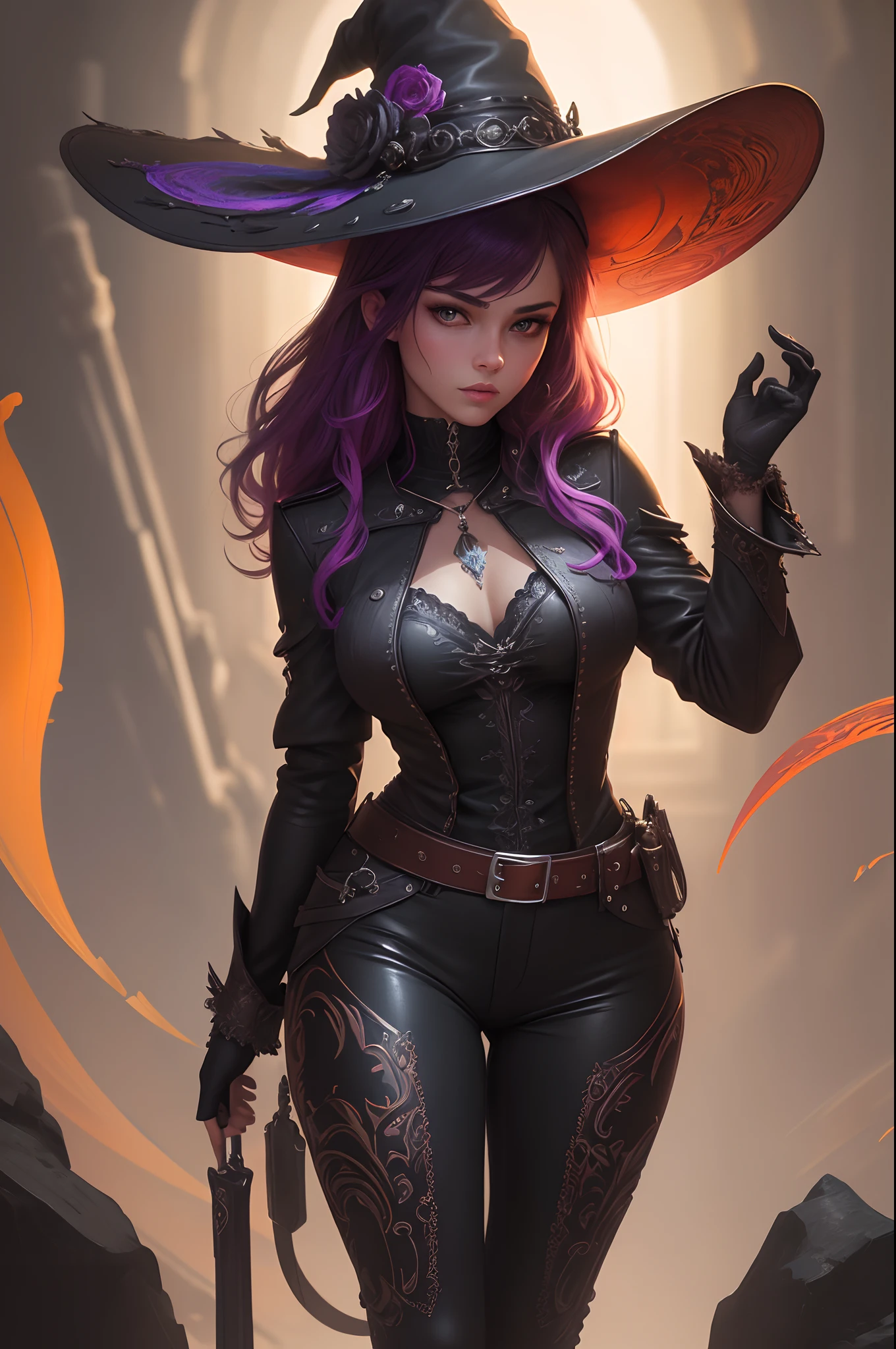 (best quality: 1.1), (masterpiece: 1.1), detailed, perfect anatomy, 1 girl, medium shot, wizard, masterpiece, best quality, mature witch, witch hat, dark black Leather pants, dark black leather jacket, dark black leather boots, studdet belt, rivet belt, chains, grumpy lighting, brightness, bright, mysterious, mystical, magical, rim lighting, vibrant, colorful, intricate, elegant, sharp focus, highly detailed, digital painting, concept art, matte, masterpiece, hyper detailed ultra sharp, vibrant aesthetics, blood wave, colorful, ornate, intricate, digital painting, concept art, smooth, sharp focus, illustration, beautiful female,