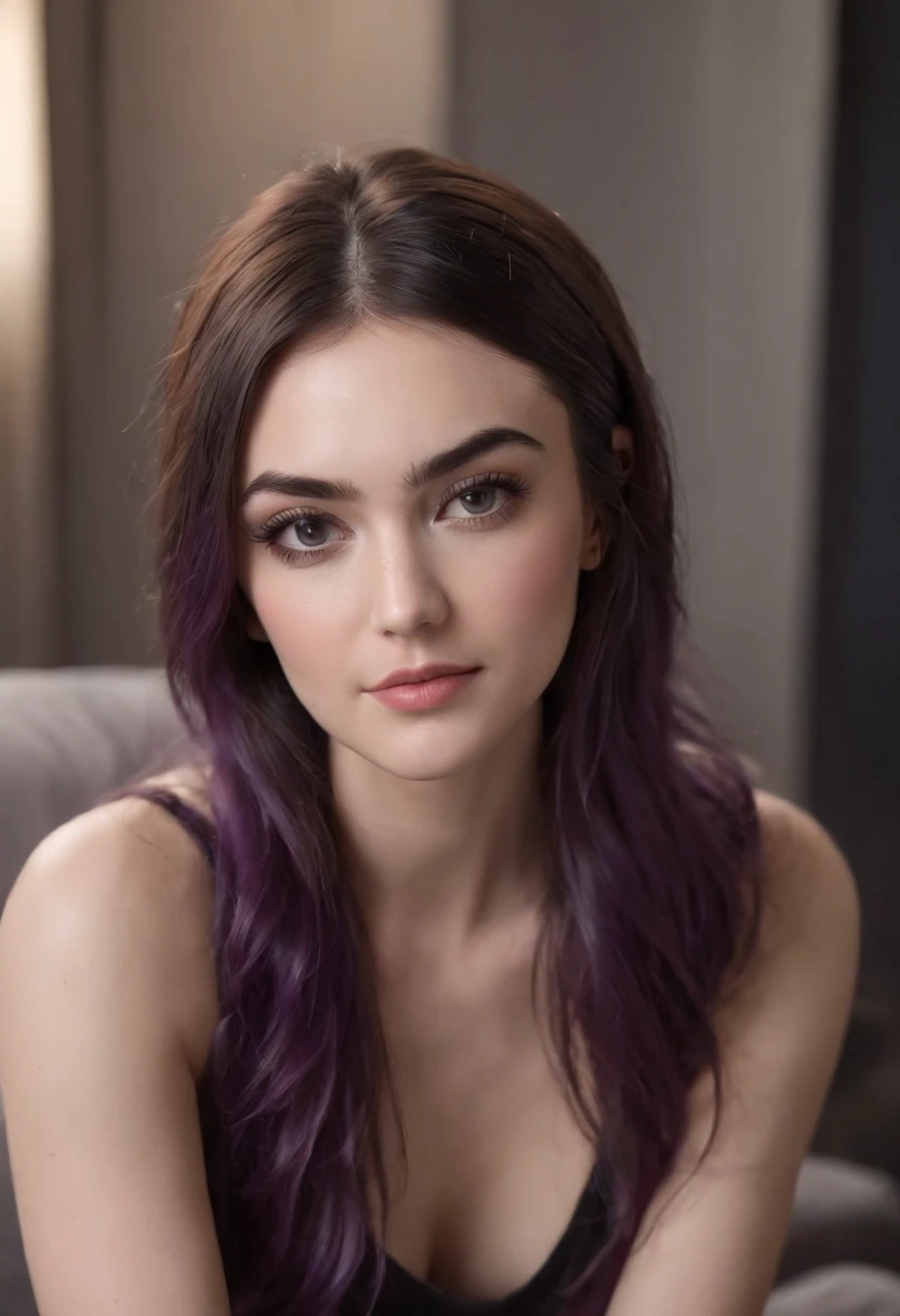 Sasha Grey sitting at a couch and crossed her legs, barefooted and wearing brazed comfy clothes, nasty face and smut smile (full body caption), (best quality:1.5), (shredded and cropped purple hair), (blushed cheek, eyeliner, brown eyeliner and shadow), (clear eyes), textured skin, [hyper realistic],  face close, 80mm, soft focus , film grain:1.2