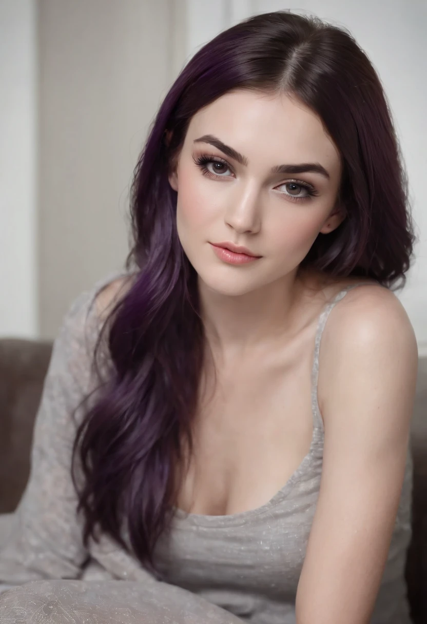 Sasha Grey sitting at a couch and crossed her legs, barefooted and wearing brazed comfy clothes, nasty face and smut smile (full body caption), (best quality:1.5), (shredded and cropped purple hair), (blushed cheek, eyeliner, brown eyeliner and shadow), (clear eyes), textured skin, [hyper realistic],  face close, 80mm, soft focus , film grain:1.2