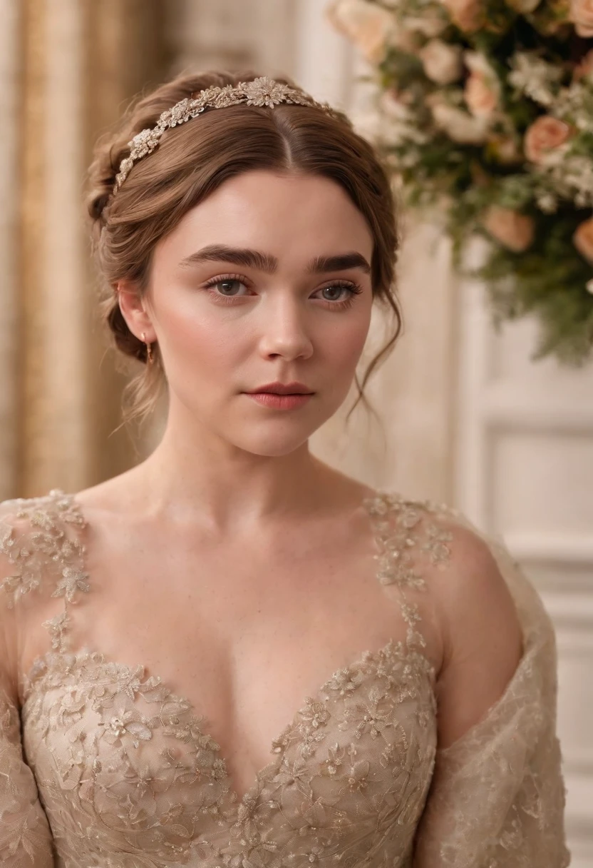 Florence Pugh with brown hair as a Bridgerton in the show, “Bridgerton”, wearing a dainty, regency style dress with a London Season Party as the background