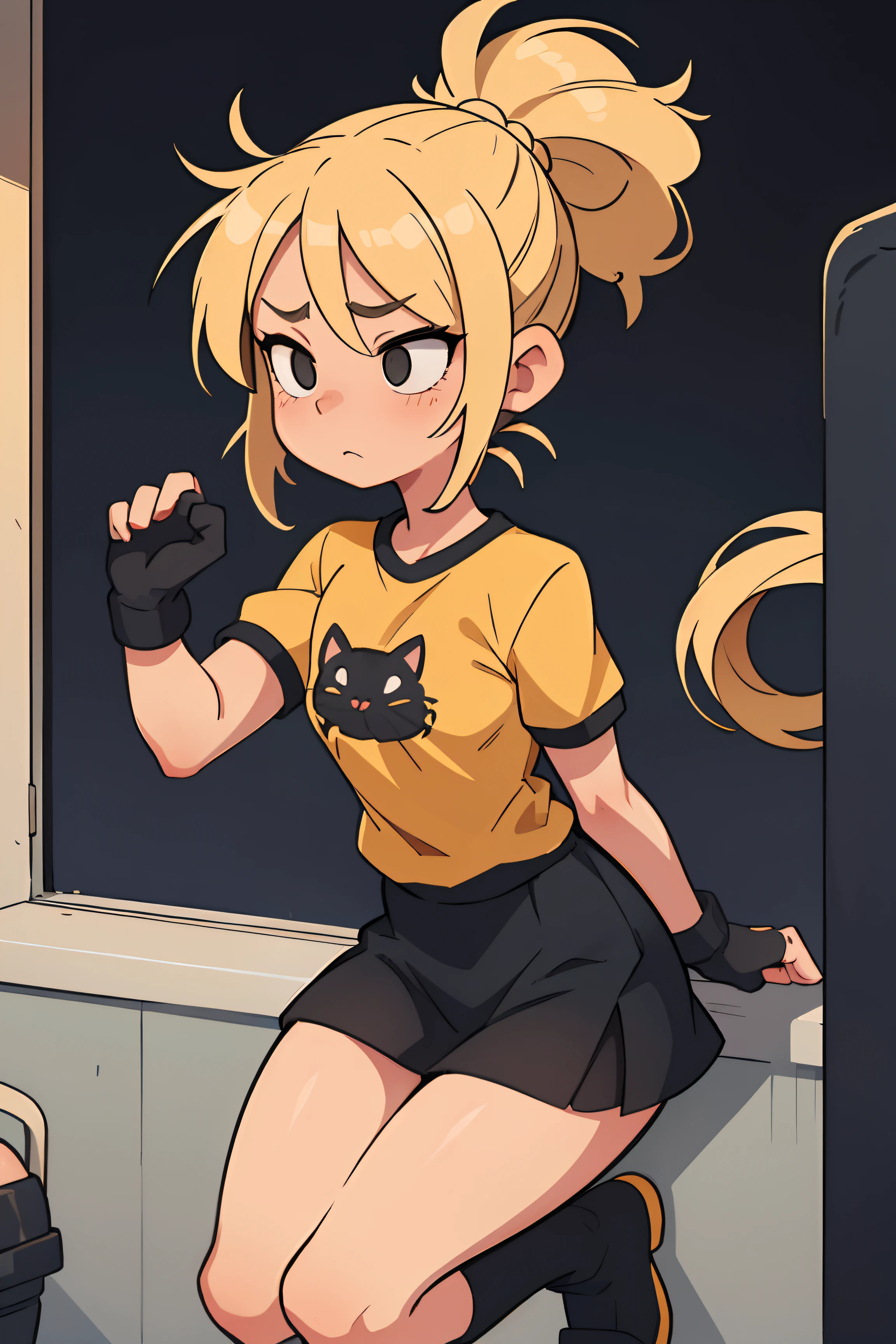 A girl.blonde woman.Black Eyes.Hair is gathered in a ponytail.She's wearing a yellow jersey.A black cat is drawn on the T-shirt.black boots.in a short tenant skirt.Shy.in the gym.