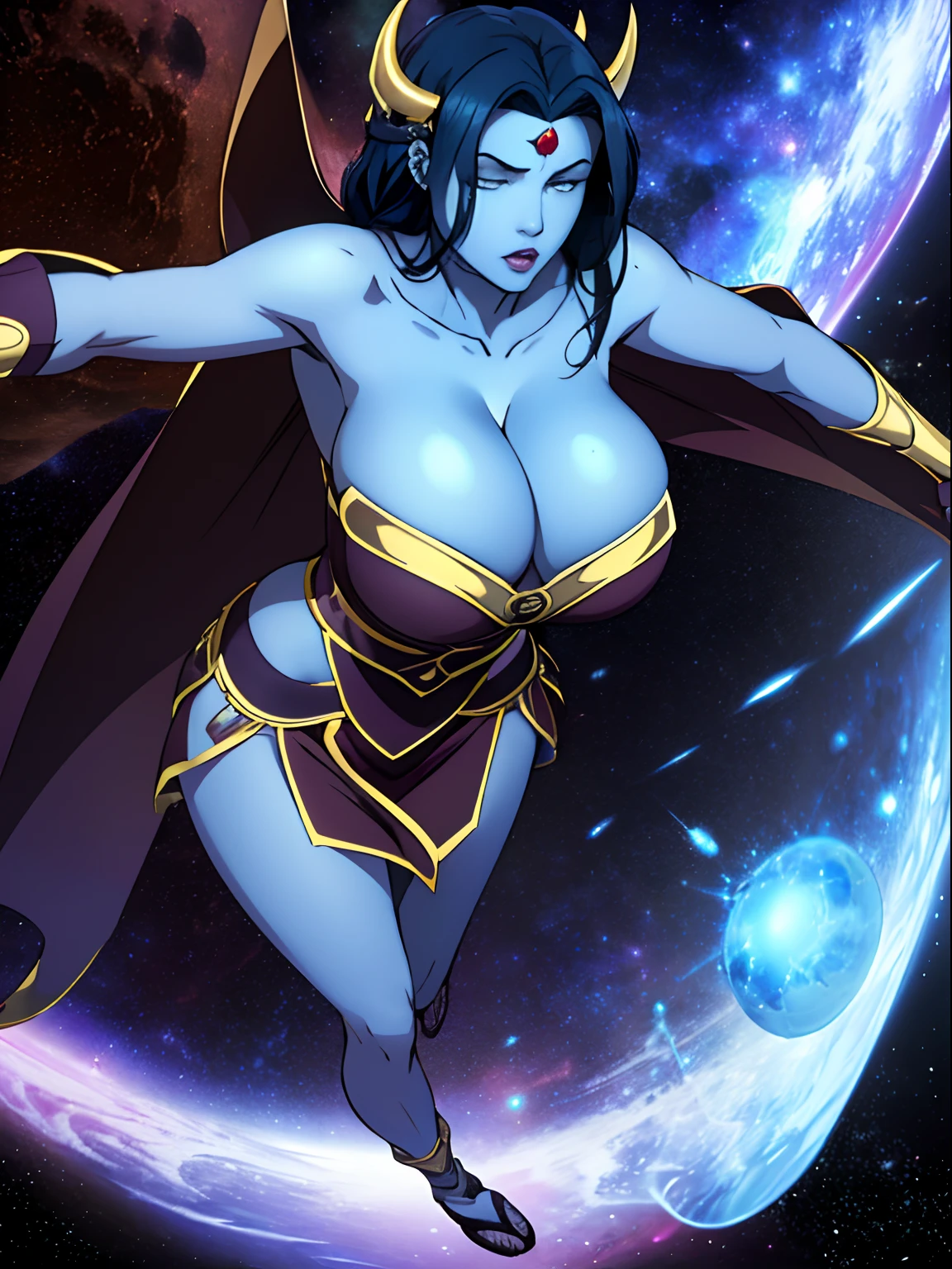 (masterpiece, top quality, best quality, official art, beautiful and aesthetic:1.2), (1girl:1.3), dark blue hair in braid, extremely detailed, portrait, looking at viewer, solo, (full body:0.6), detailed background, close up, (cool science fiction space theme:1.1), ((((blue skin)))), extremely busty sorceress, charlatan, mysterious, casting spells in space, four arms, revealing white and gold robes, fingerless gloves, long gloves, glowing magical energy, blindfold, elaborate headdress, golden ceremonial horns, sheer white fabric, elegant robes, skirts, streamers, cowl, cape, sandals, bracers, ((((gigantic breasts, cleavage, skindentation)))), slim waist, slim hips, long legs, athletic, SPACE, futuristic moon, (space exterior:1.1) background, dark mysterious lighting, shadows, magical atmosphere, dutch angle