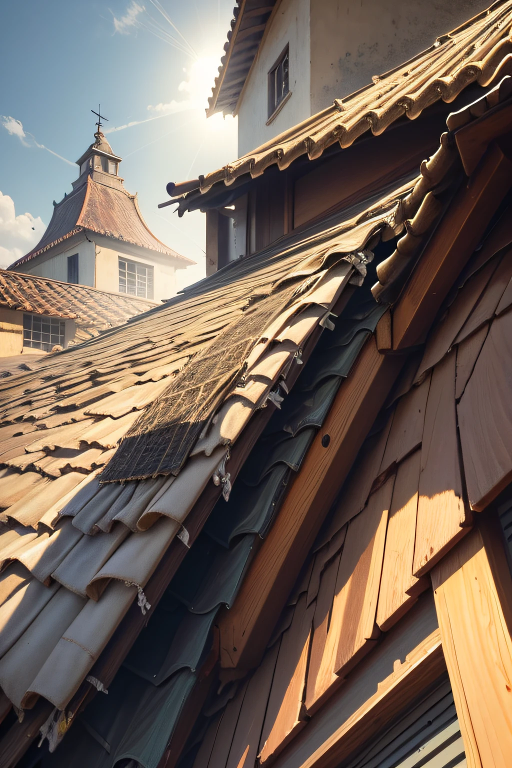 There is a bird sitting on top of a roof next to a building, Light makes its way across rooftops, Covered with vegetation, techo de paja, techos de paja, Favela honeybee hive, Techo de roca, nice afternoon lighting, tejados, Gran impacto en el edificio, luz del sol que brilla hacia abajo, with cobwebs, covered with cobwebs and dust, un poco de rayo de luz solar