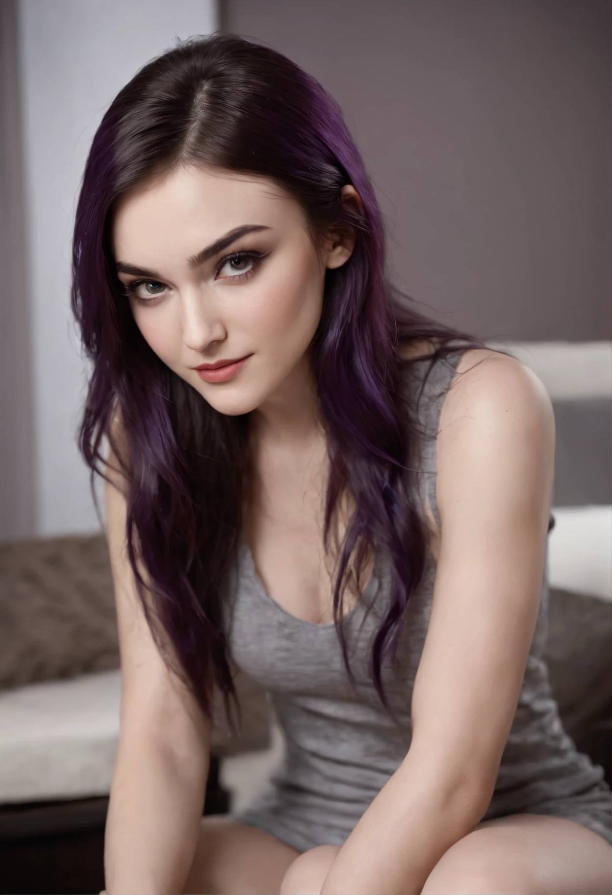 Sasha Grey sitting at a couch and crossed her legs, barefooted and wearing brazed comfy clothes, nasty face and smut smile (full body caption), (best quality:1.5), (shredded and cropped purple hair), (blushed cheek, eyeliner, brown eyeliner and shadow), (clear eyes), textured skin, [hyper realistic],  face close, 80mm, soft focus , film grain:1.2