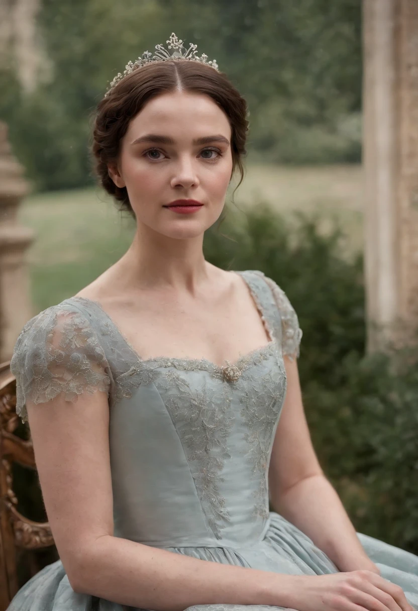 Colin Bridgerton’s twin sister in the show, “Bridgerton”, wearing a dainty, regency style dress with a London Season Party as the background