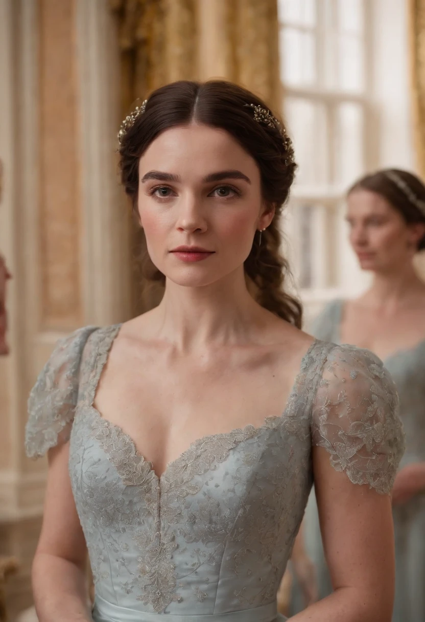 Colin Bridgerton’s twin sister in the show, “Bridgerton”, wearing a dainty, regency style dress with a London Season Party as the background