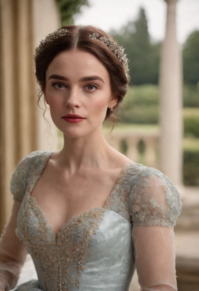 Colin Bridgerton’s twin sister in the show, “Bridgerton”, wearing a dainty, regency style dress with a London Season Party as the background